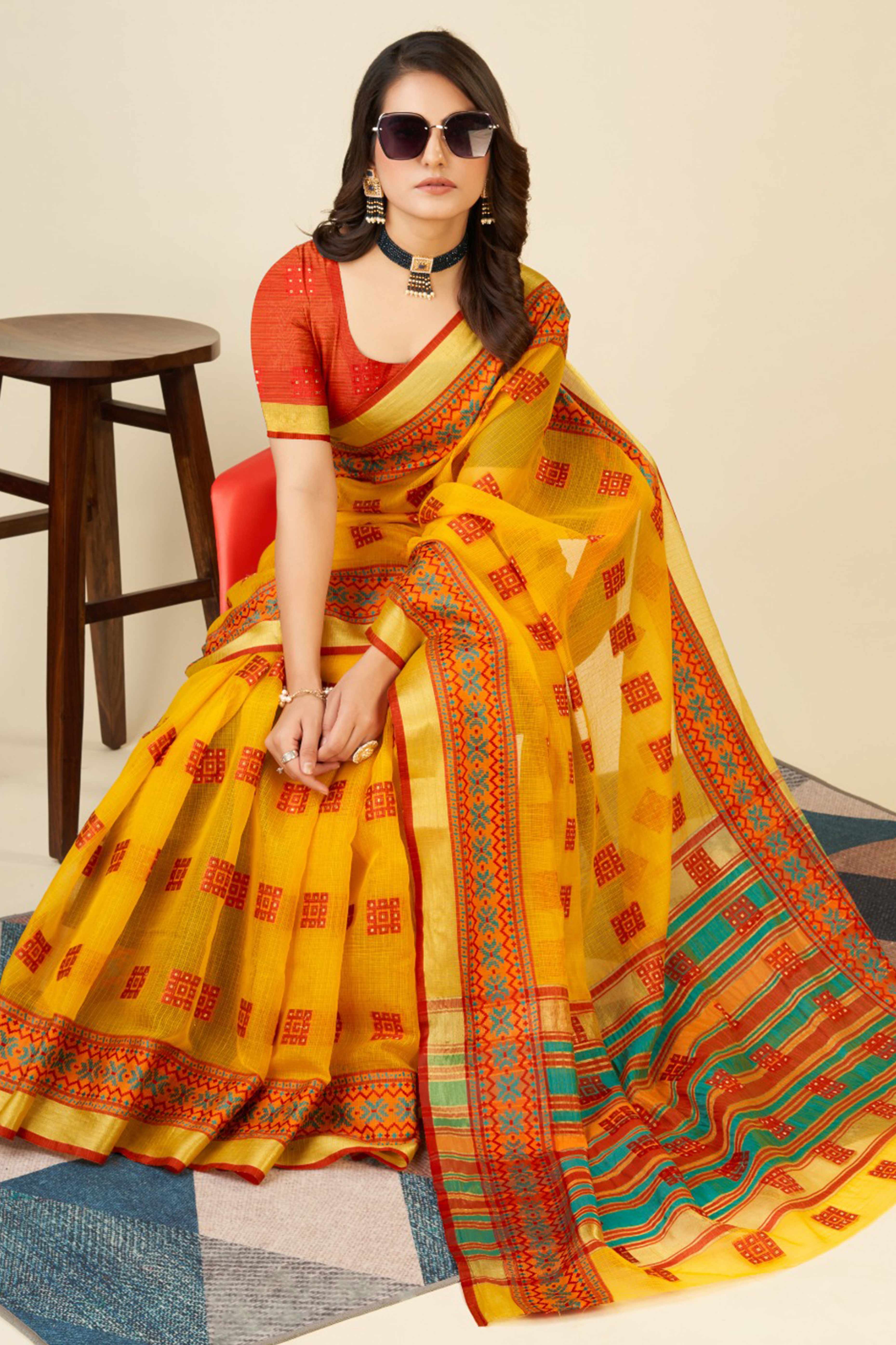 Yellow Zari Weaving Cotton Blend Saree