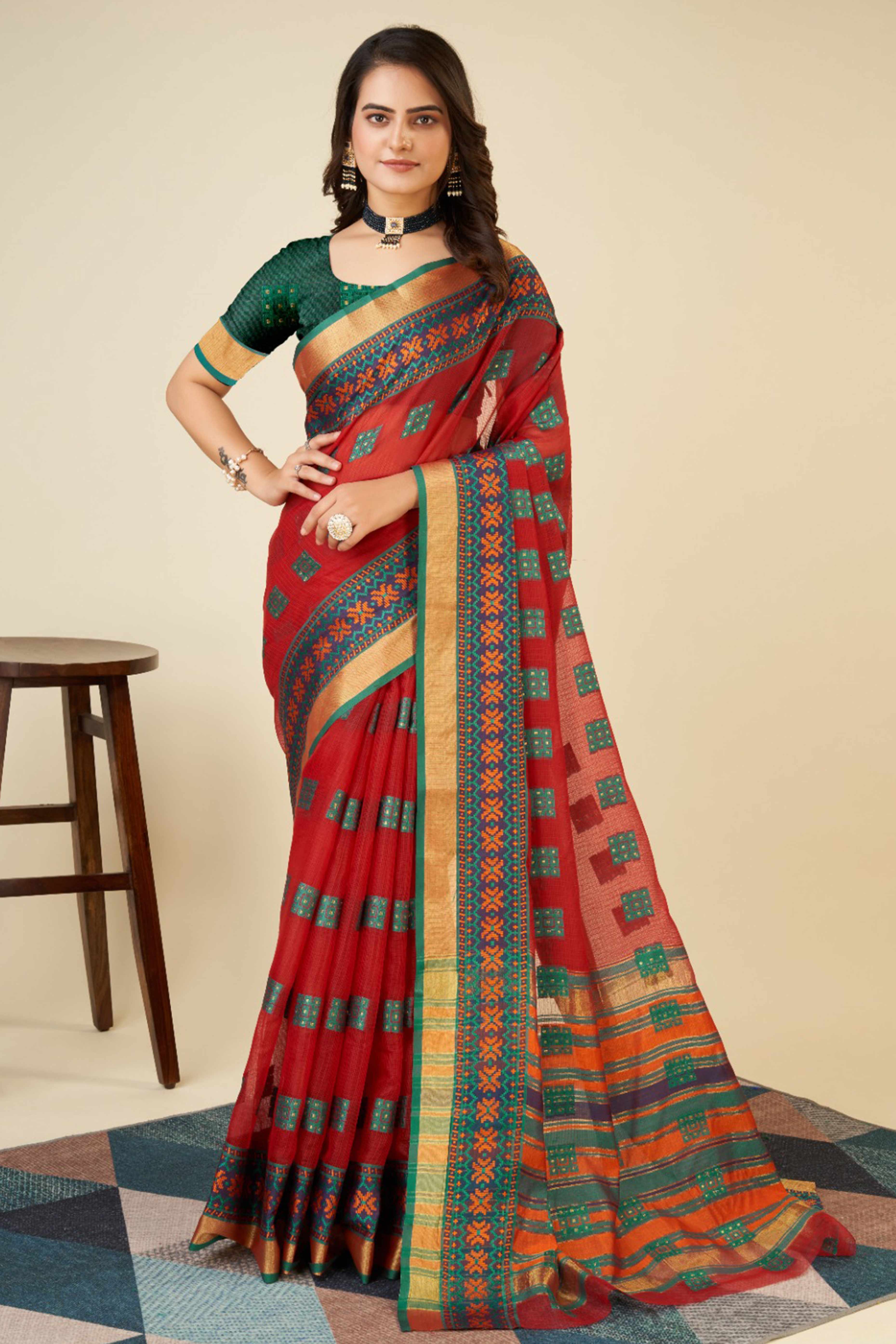 Red Zari Weaving Cotton Blend Saree