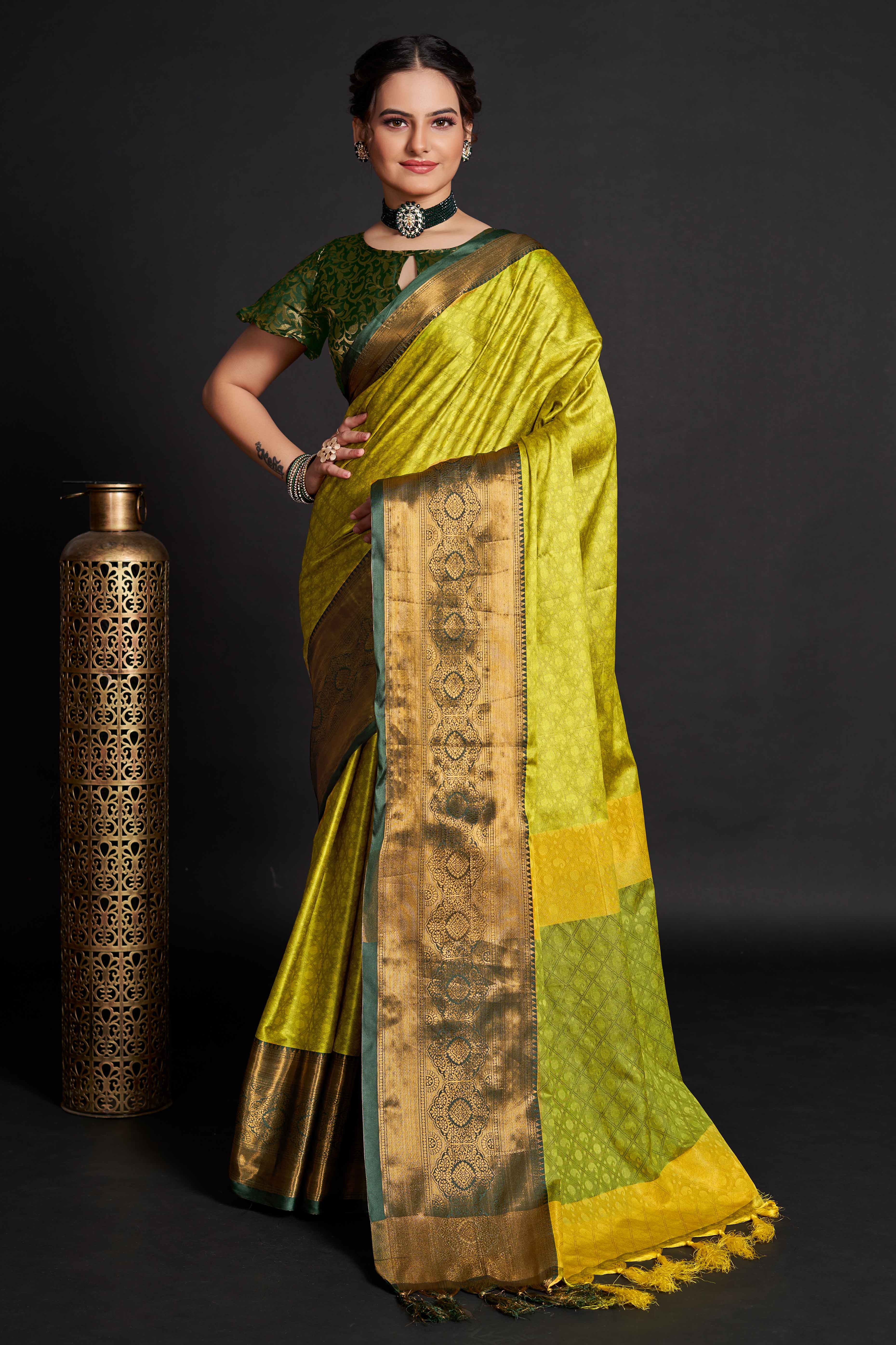 Lime Green Silk Blend Saree With Exquisite Zari Weaving & Graceful Tassels