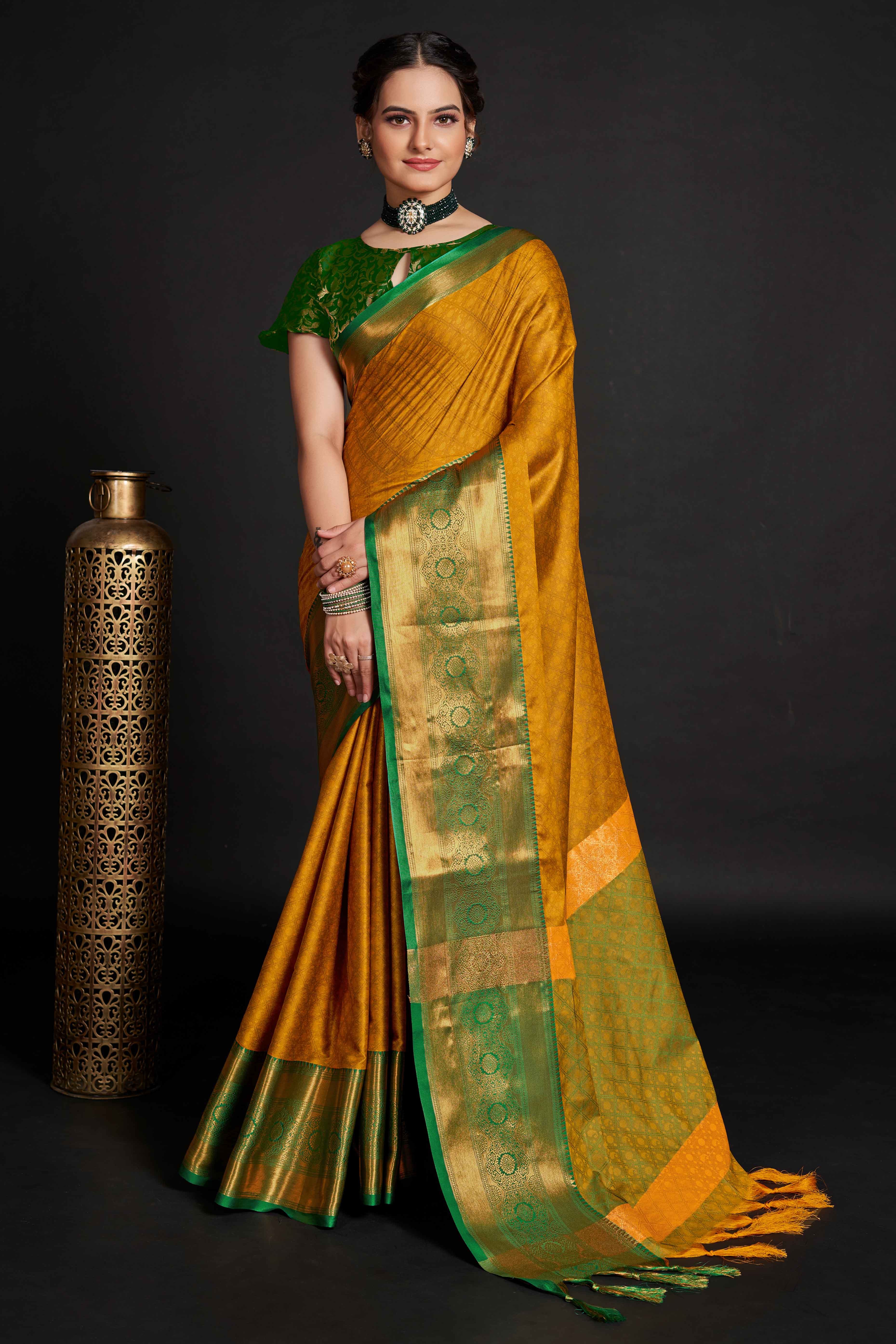 Mustard Silk Blend Saree With Exquisite Zari Weaving & Graceful Tassels