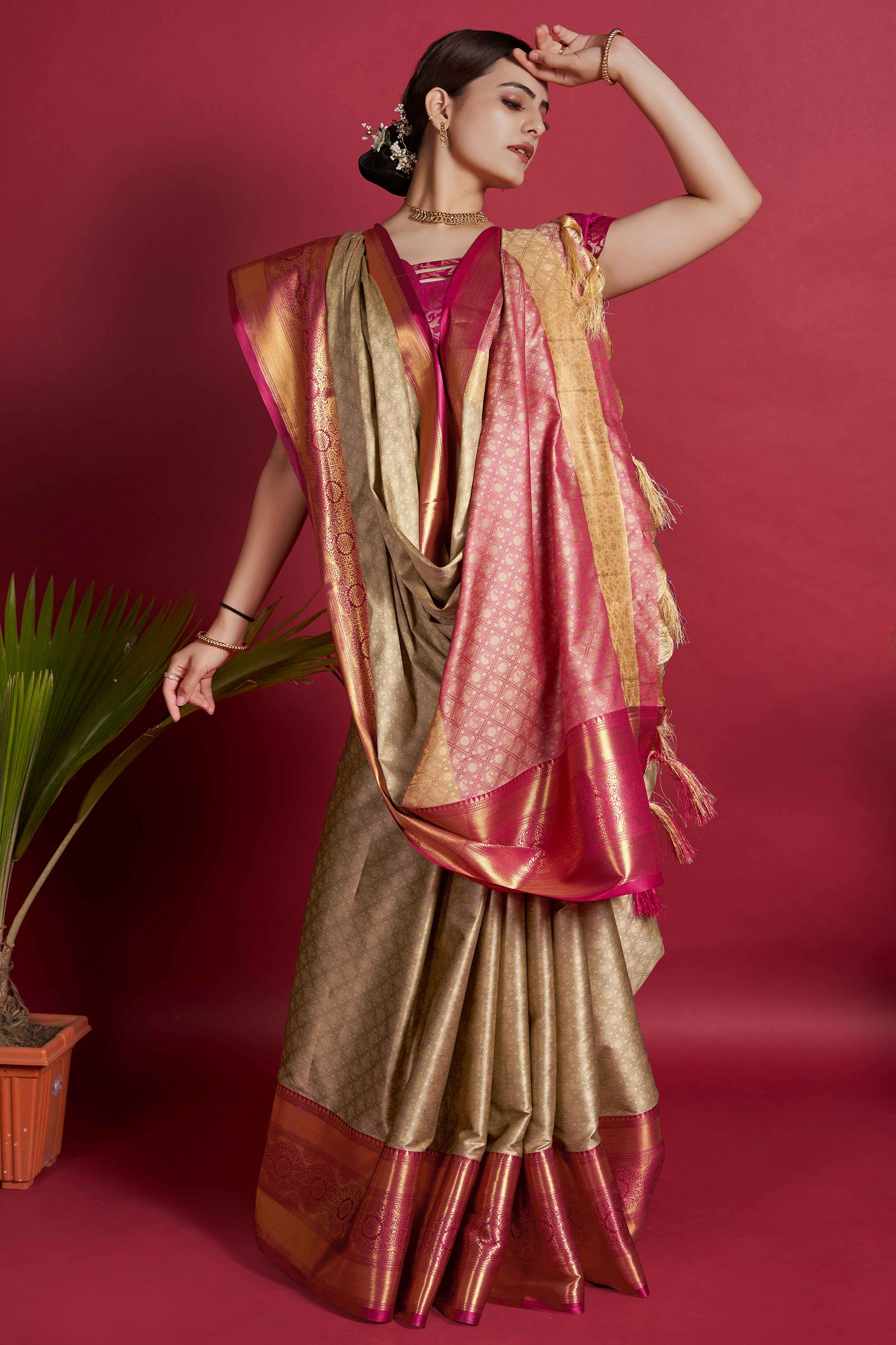 Chikoo Silk Blend Saree With Exquisite Zari Weaving & Graceful Tassels