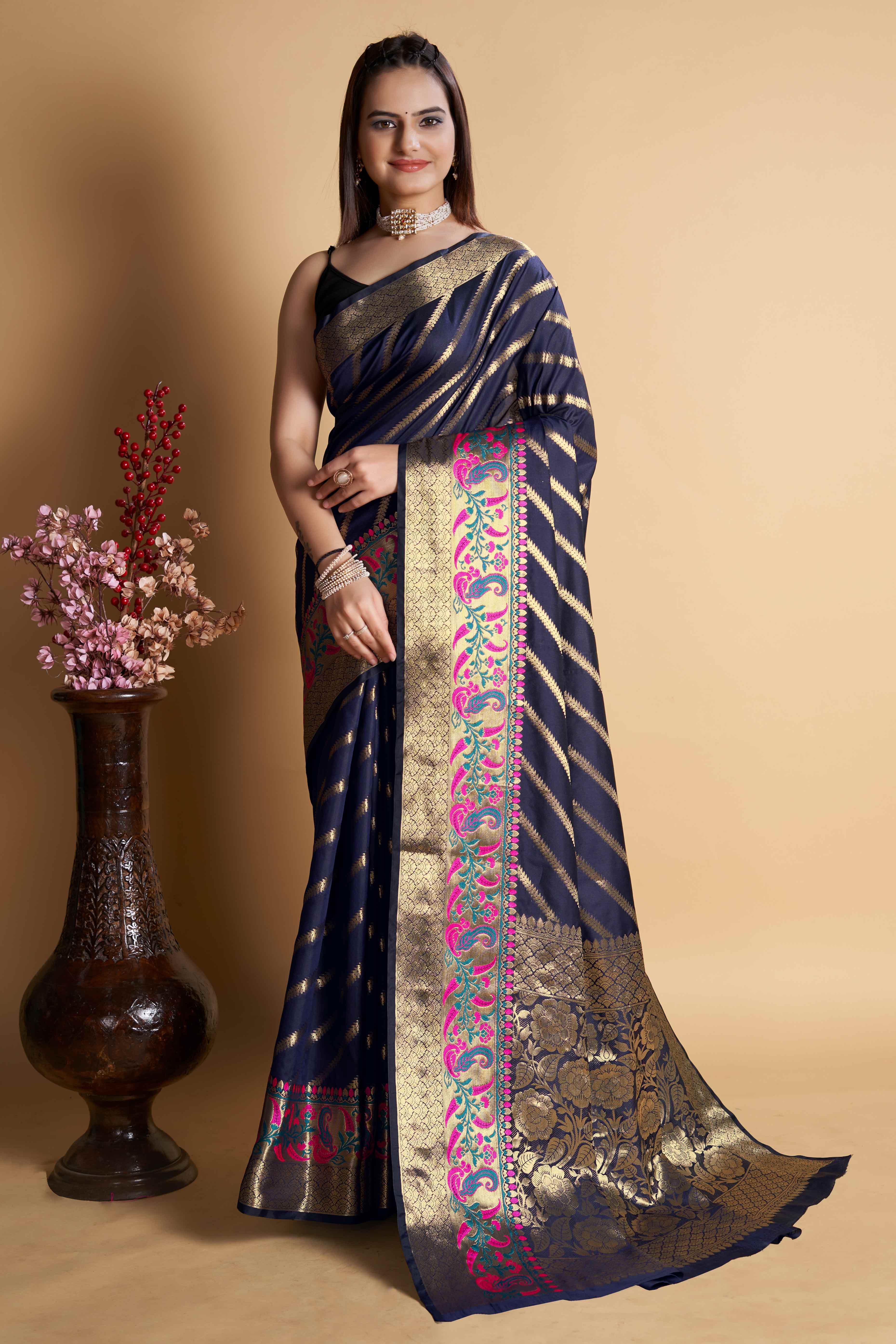 Navy Blue Zari Weaving Banarasi Silk Saree
