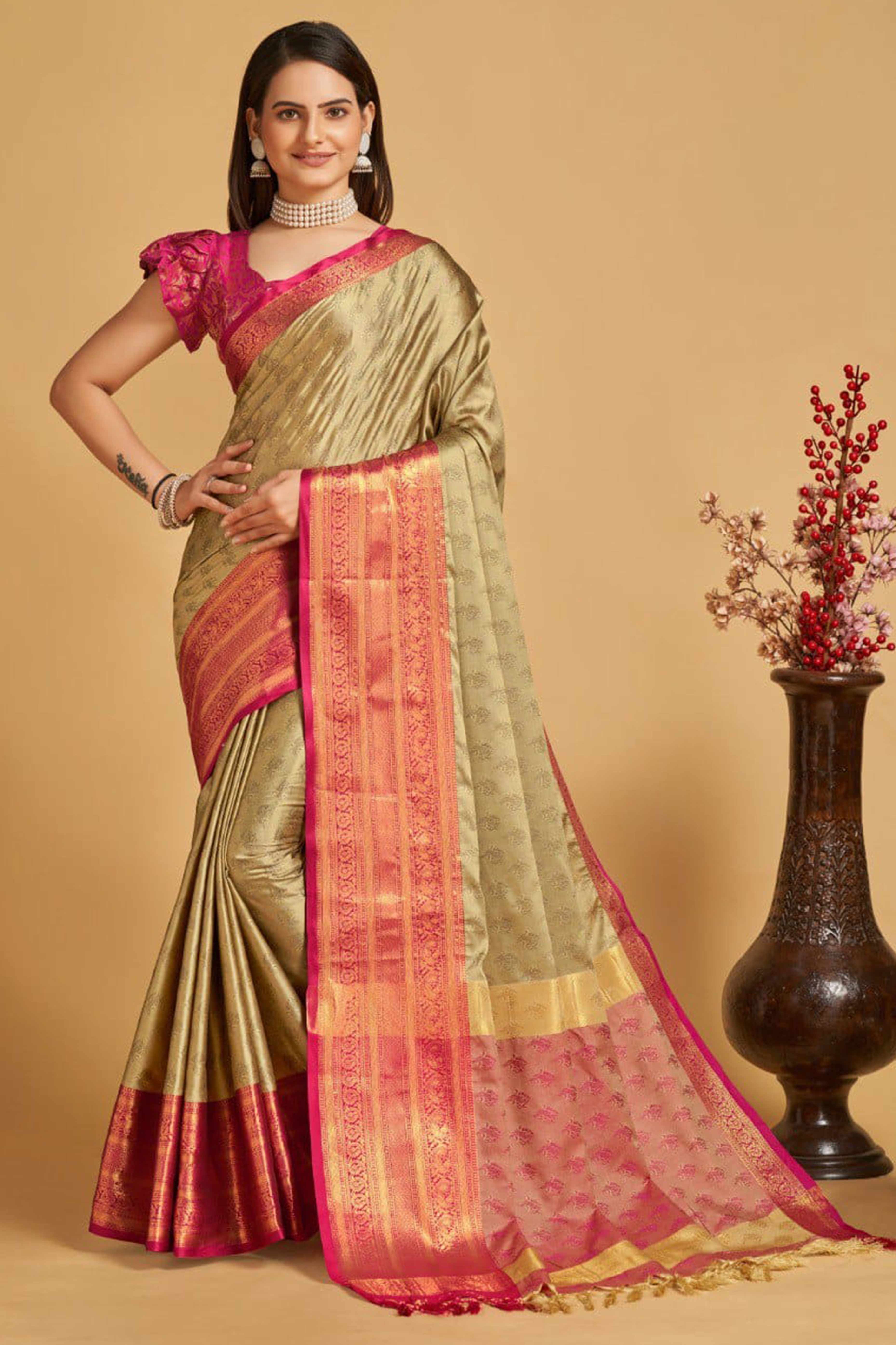 Beige Zari Weaving Banarasi Silk Saree
