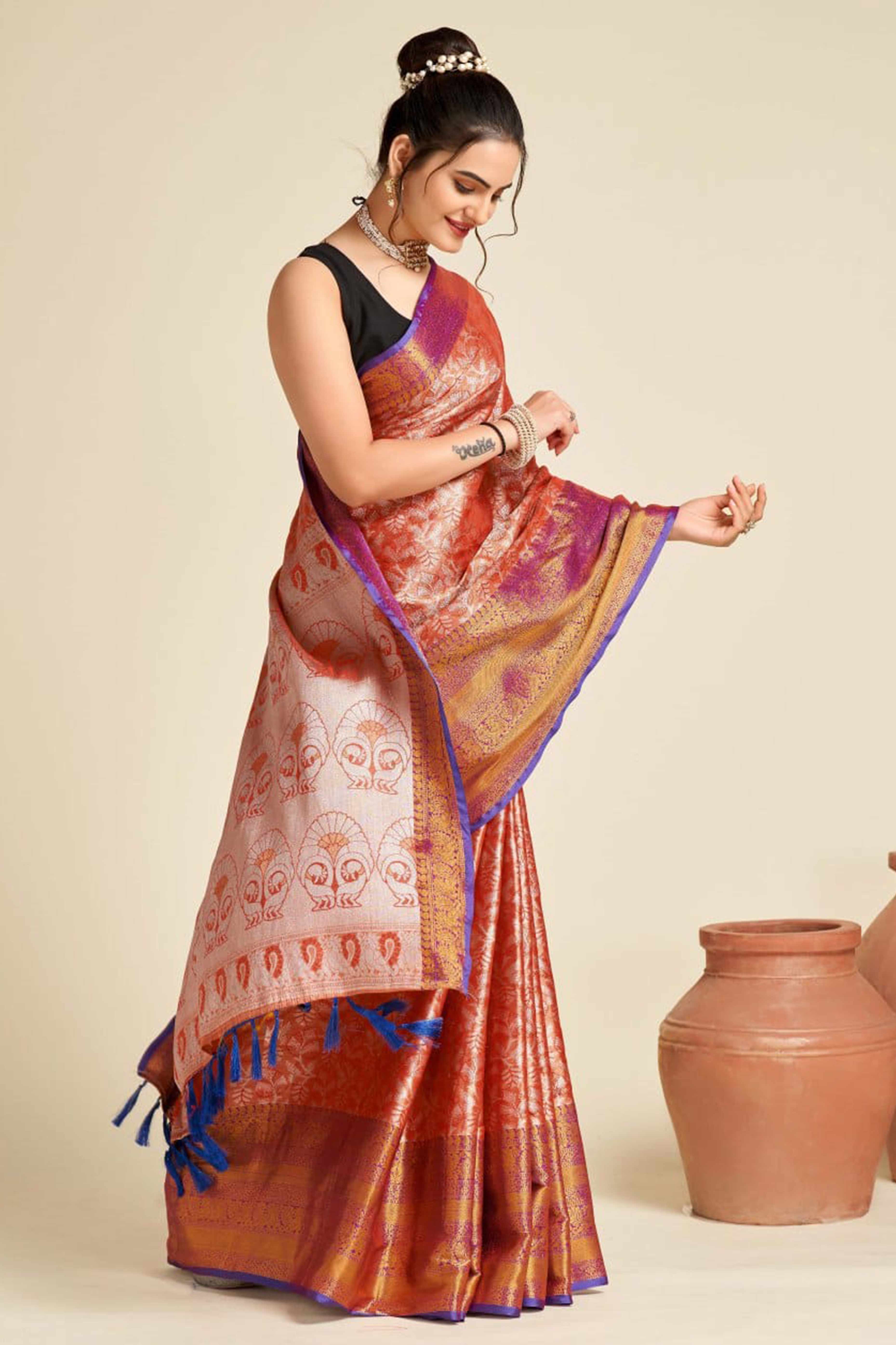 Orange Zari Weaving Banarasi Silk Saree