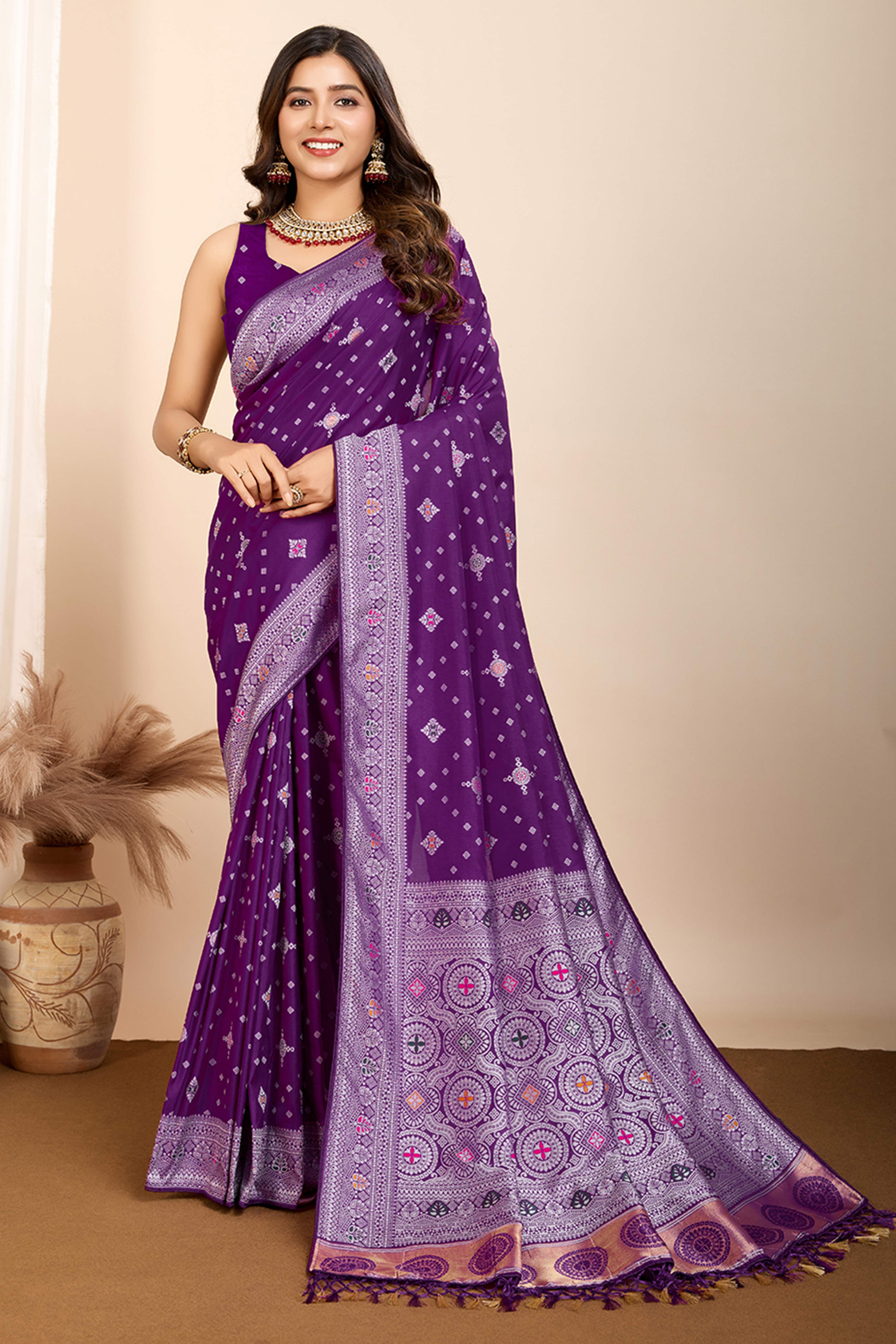 Purple Minakari Weaving Pure Silk Saree