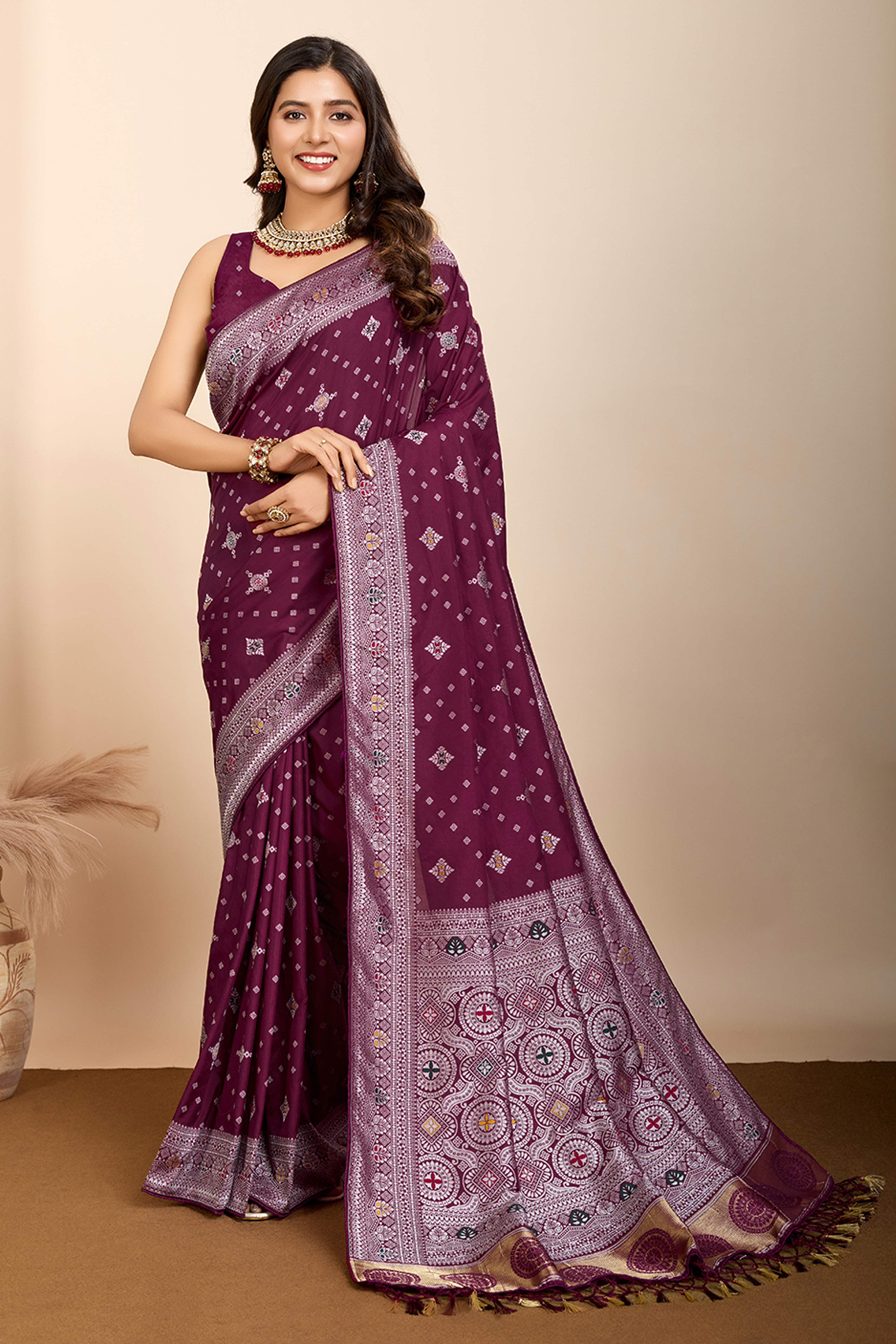 Wine Minakari Weaving Pure Silk Saree