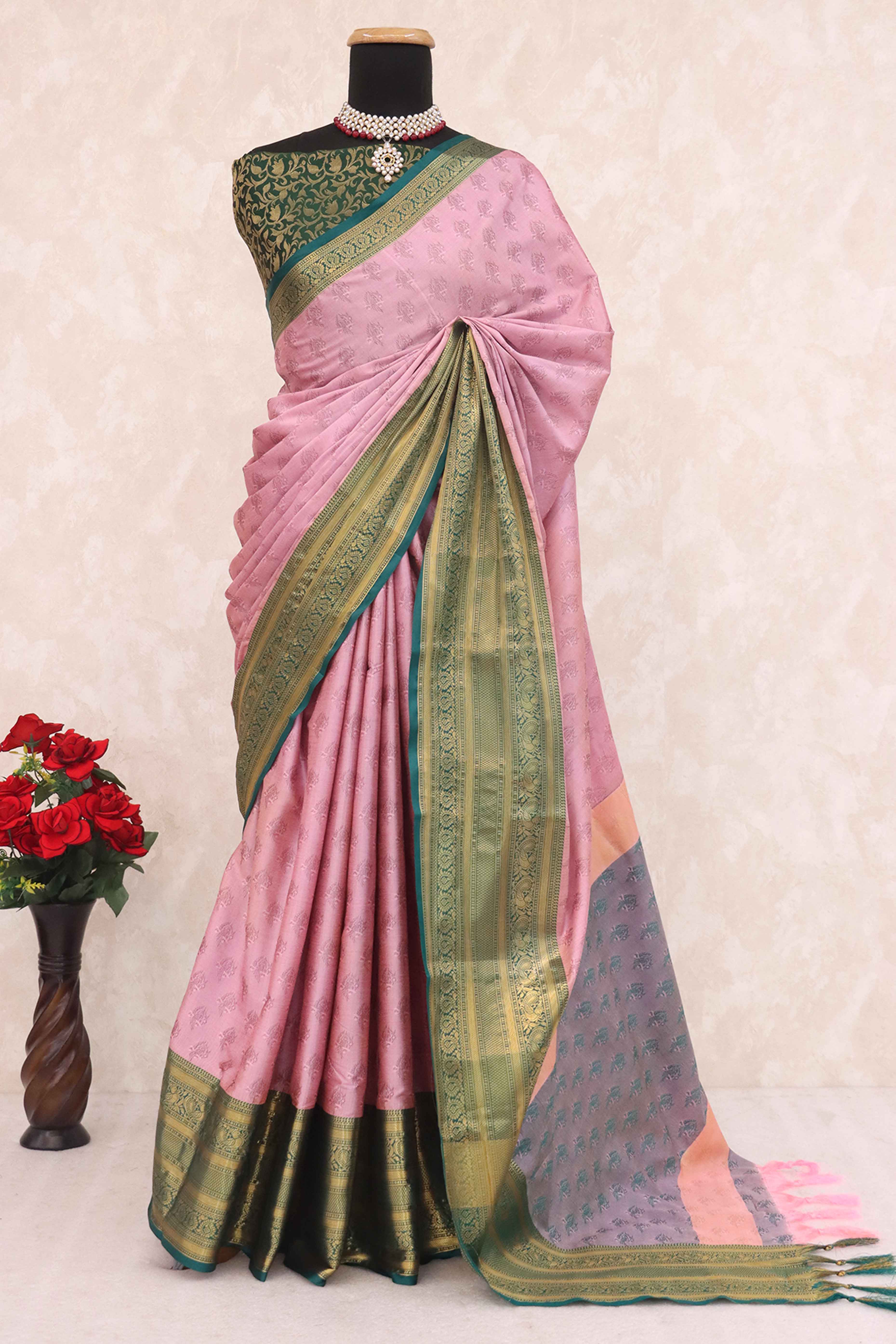 Pink Silk Blend Saree With Delicate Floral Zari Weaving & Graceful Tassels