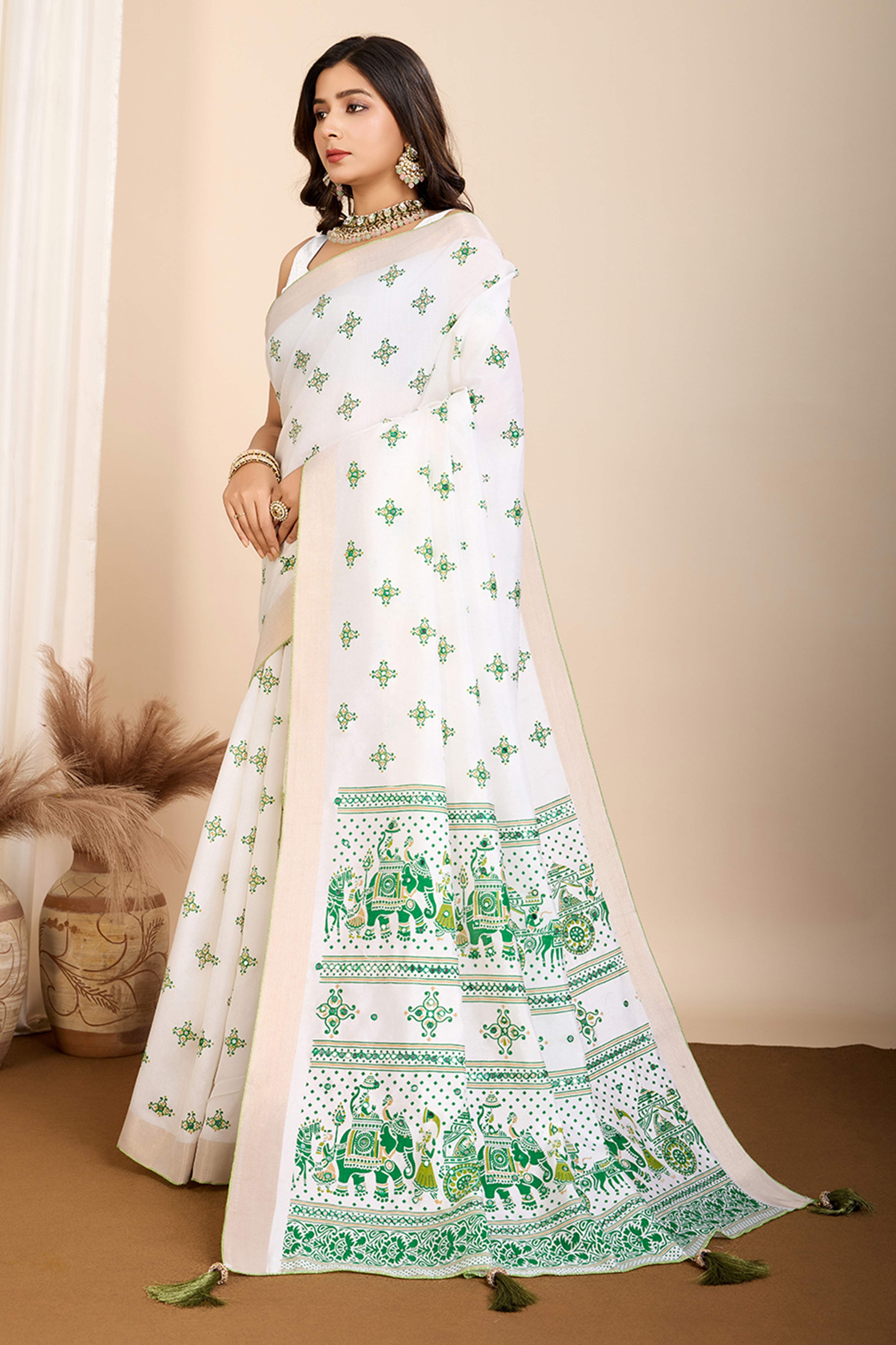 Off White Mirror Work Printed Cotton Silk Saree