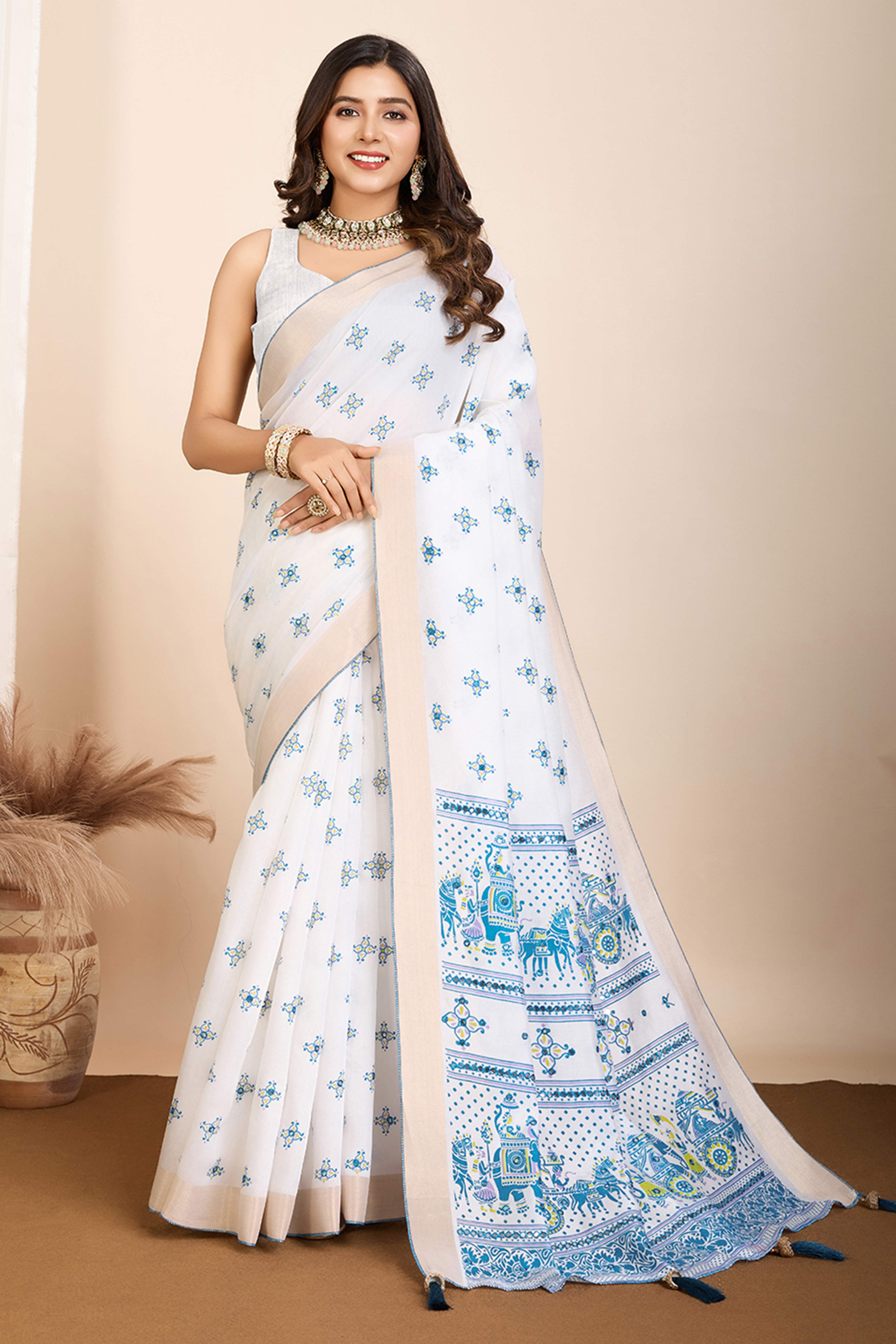 Off White Mirror Work Printed Cotton Silk Saree