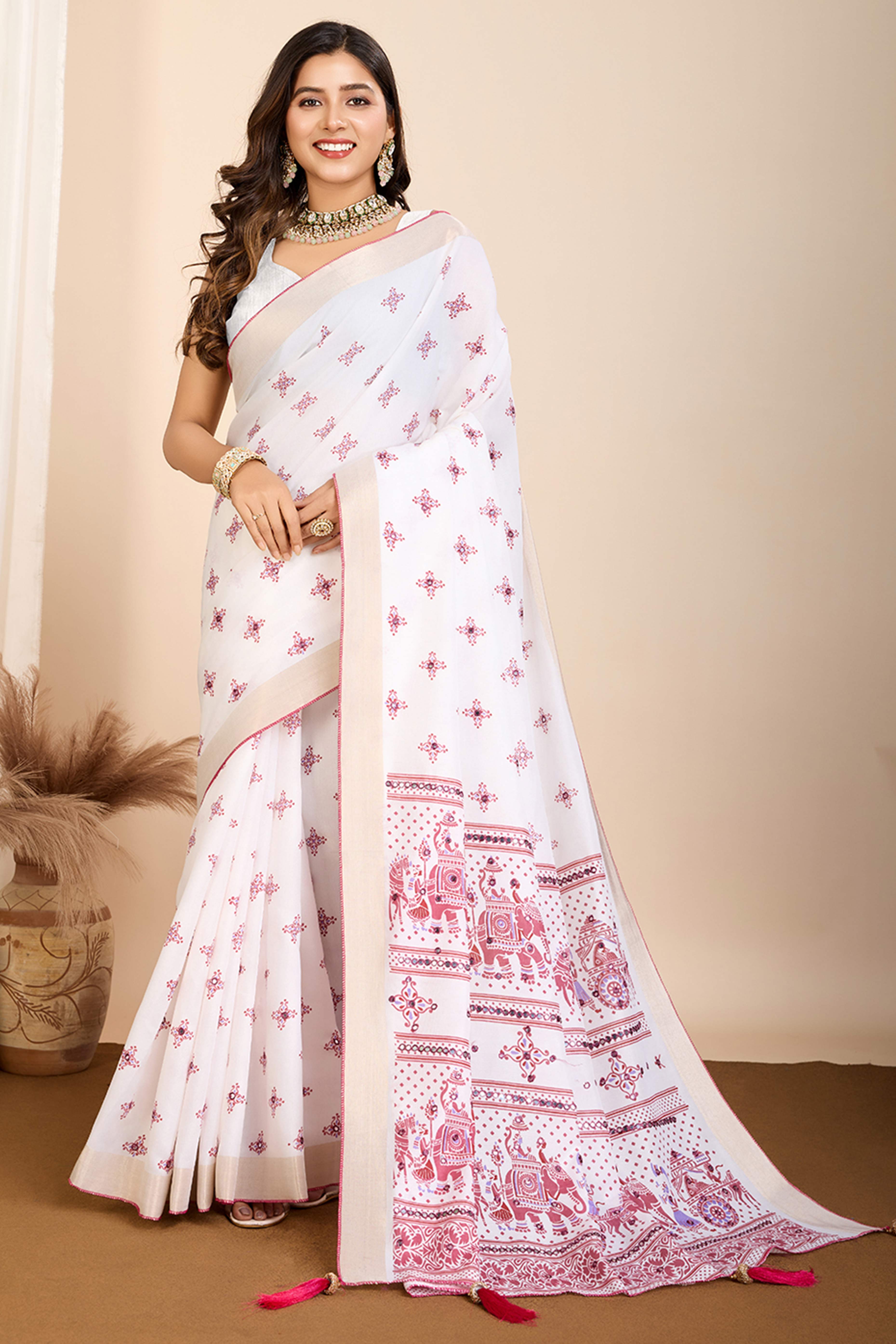 Off White Mirror Work Printed Cotton Silk Saree