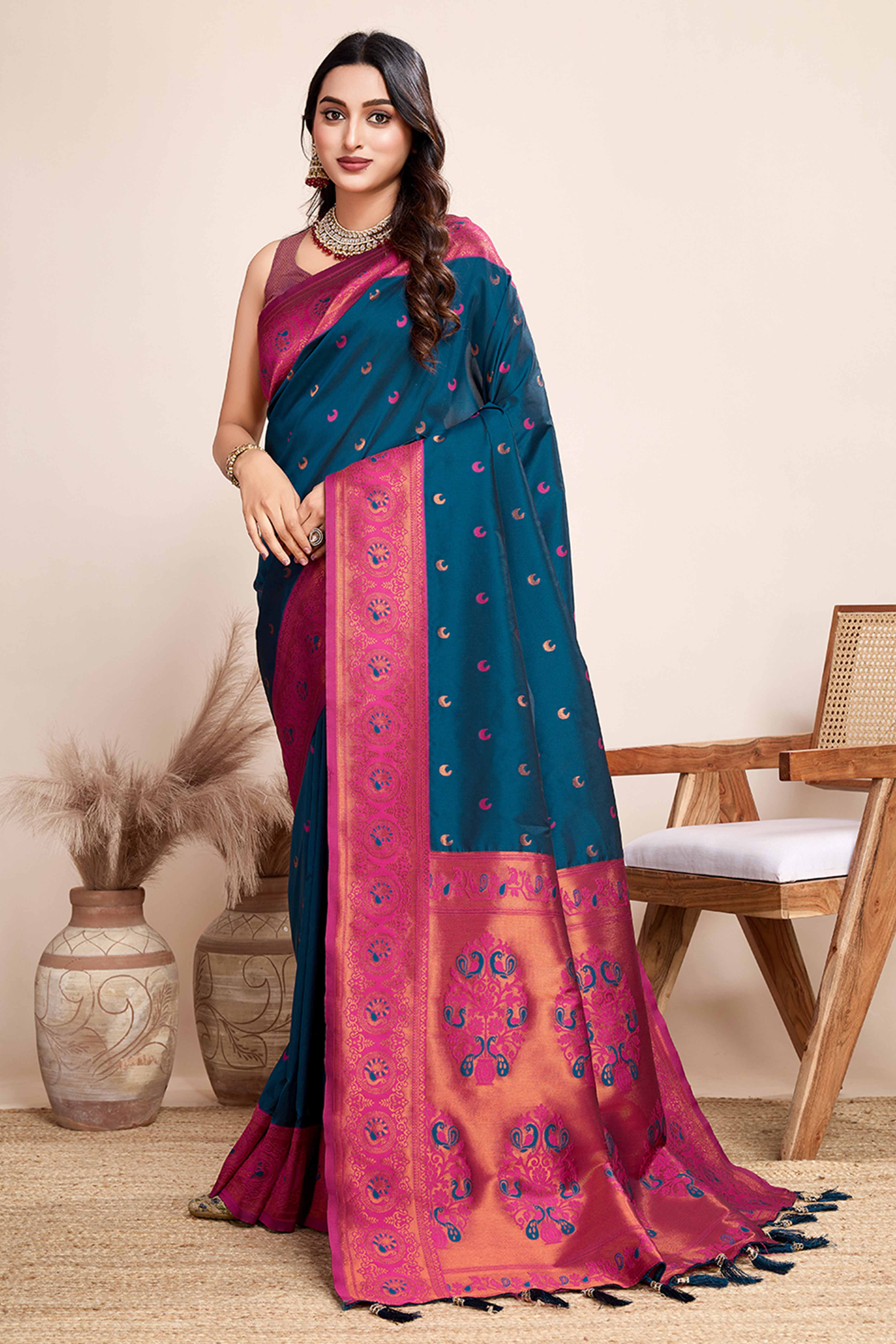 Teal Zari Weaving Banarasi Silk Saree