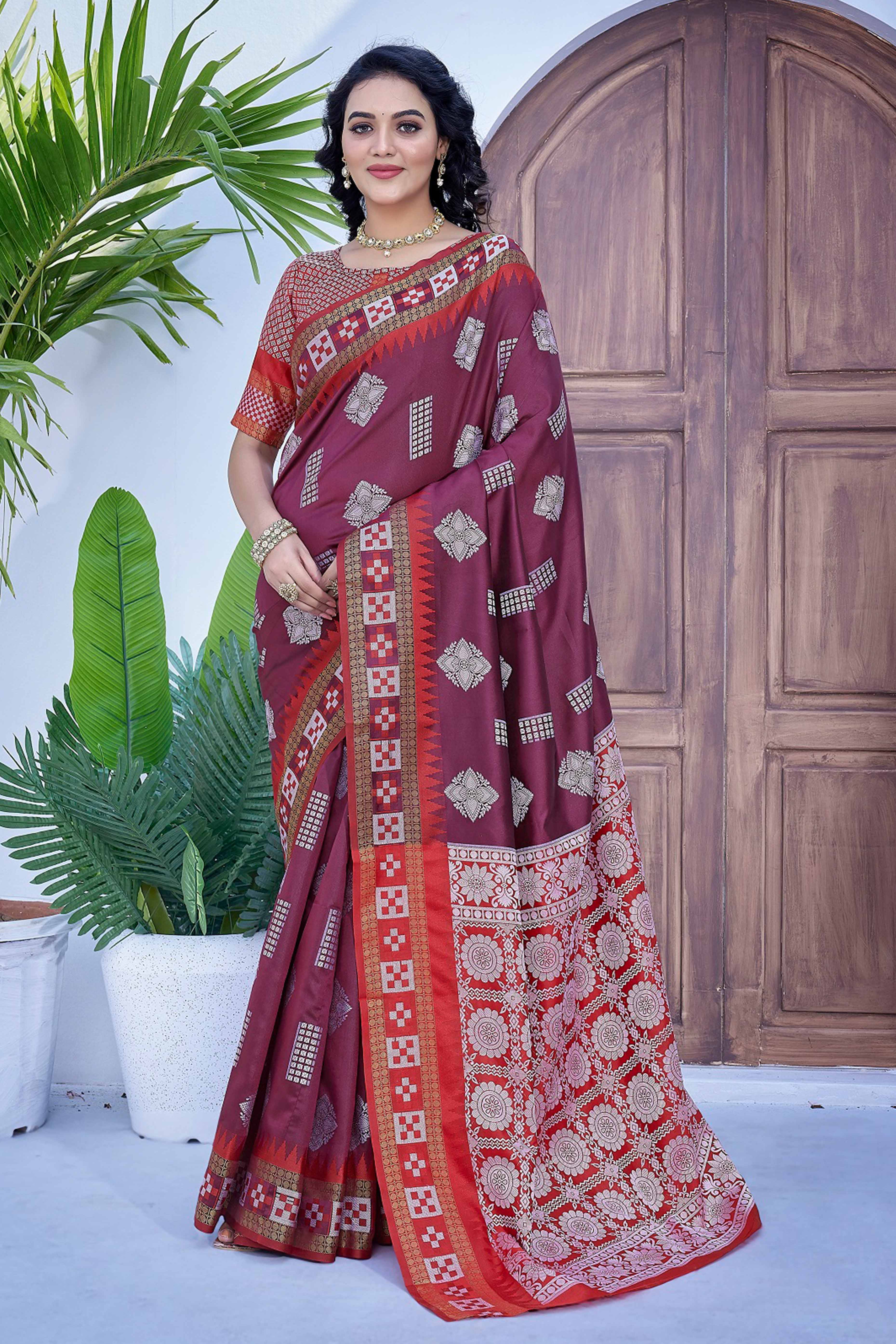 Wine Zari Weaving Cotton Silk Saree
