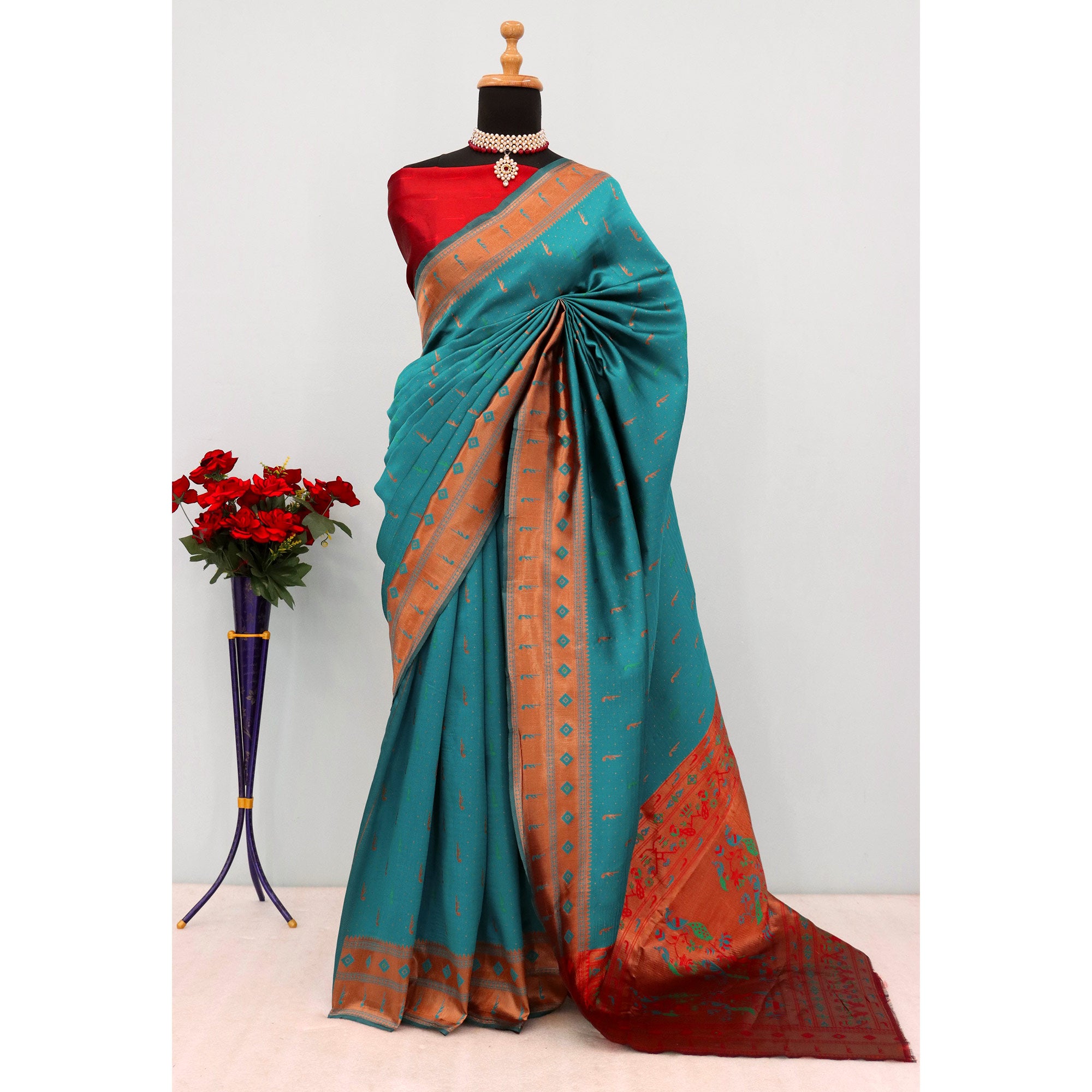 Rama Blue Woven Pure Silk Paithani Saree