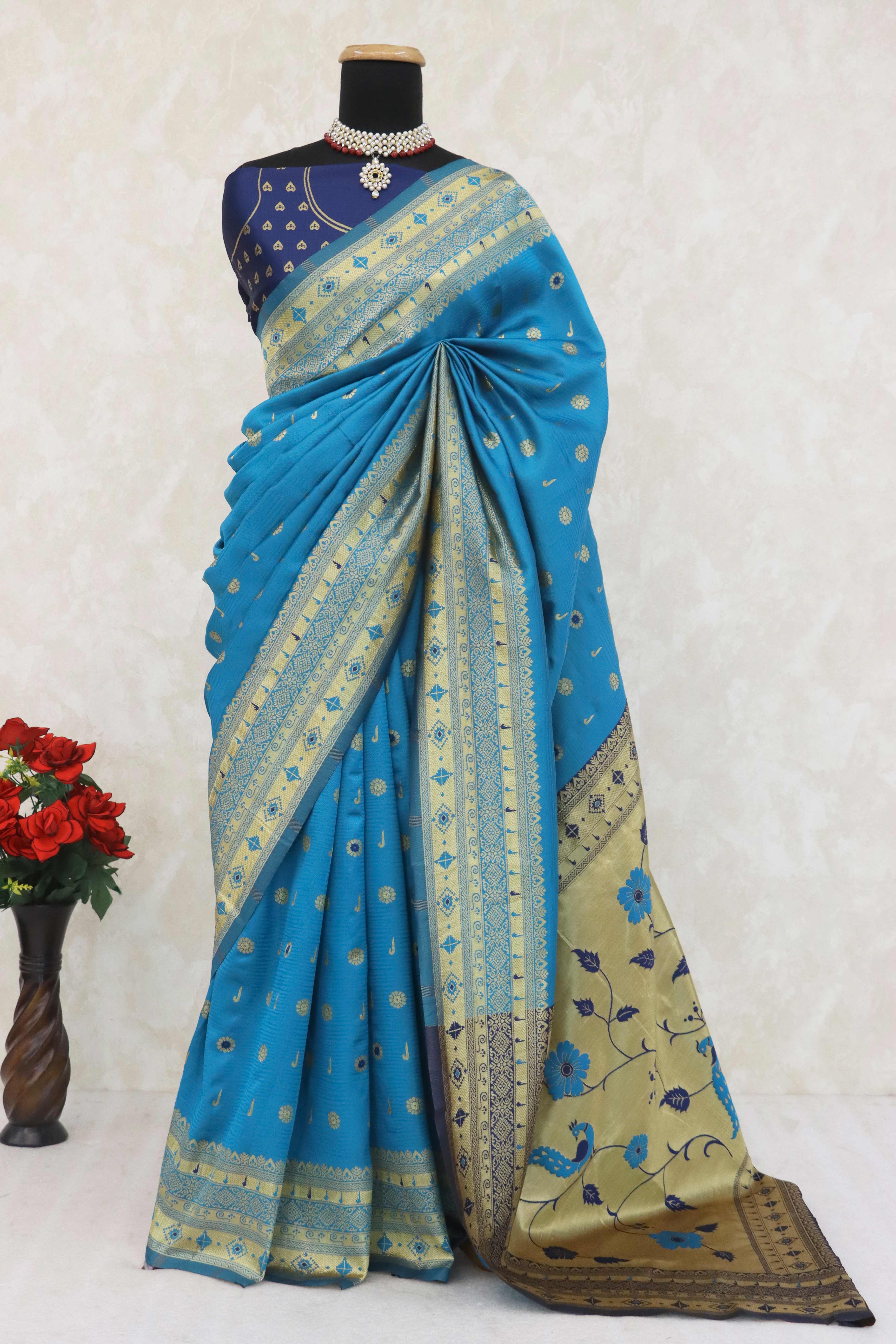 Blue Pure Silk Paithani Saree With Intricate Floral Zari Weaving