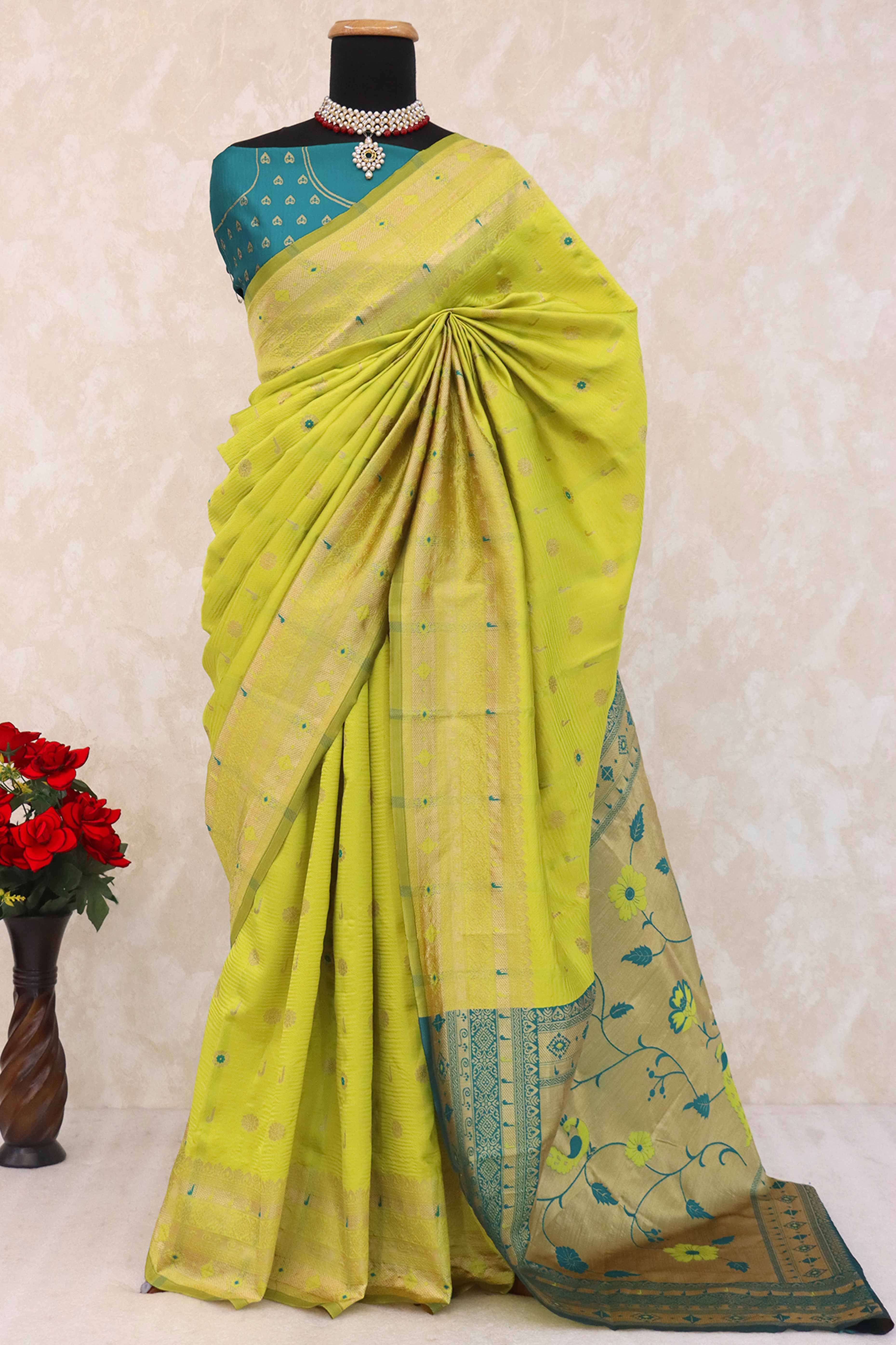 Lemon Green Pure Silk Paithani Saree With Intricate Floral Zari Weaving