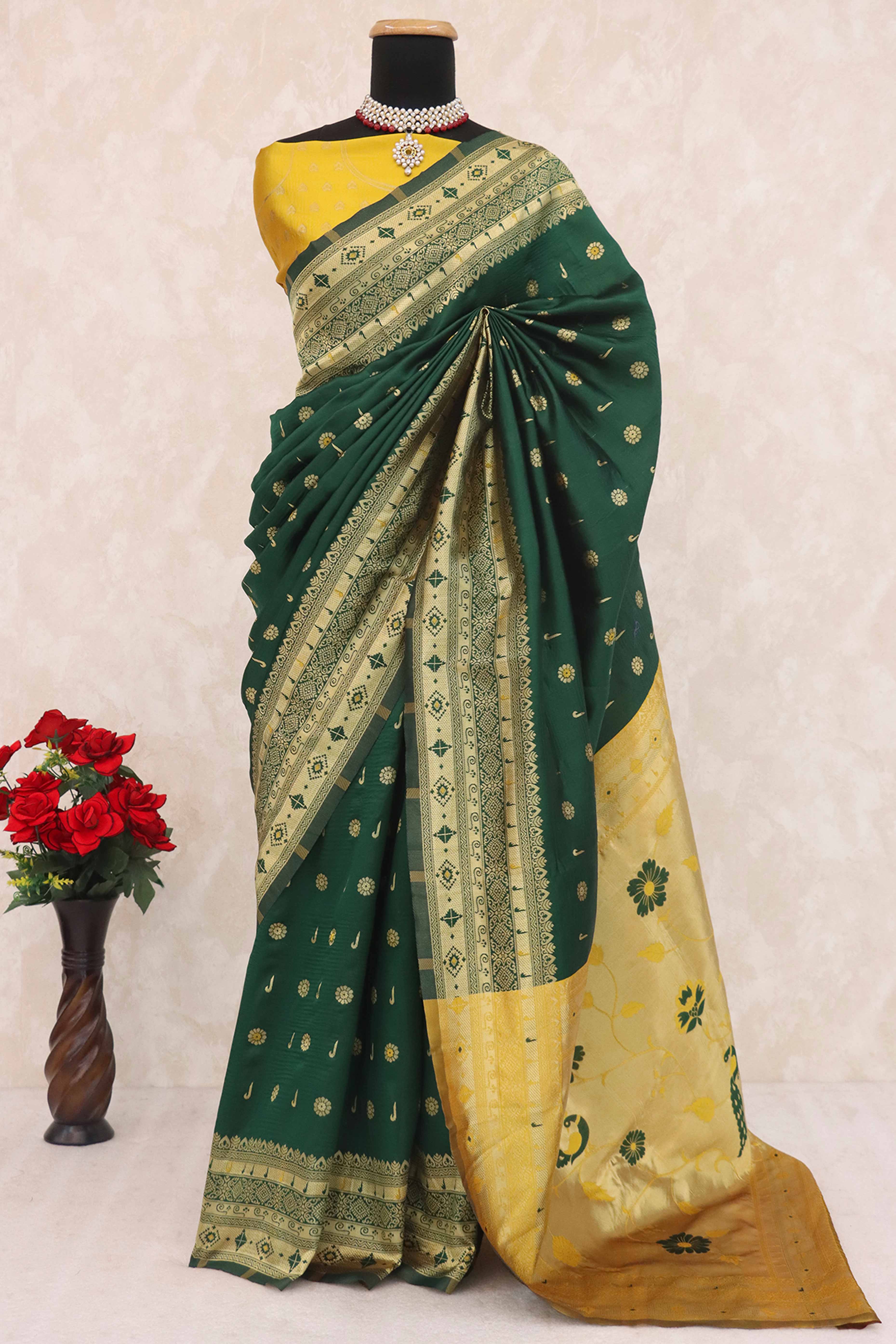 Dark Green Pure Silk Paithani Saree With Intricate Floral Zari Weaving