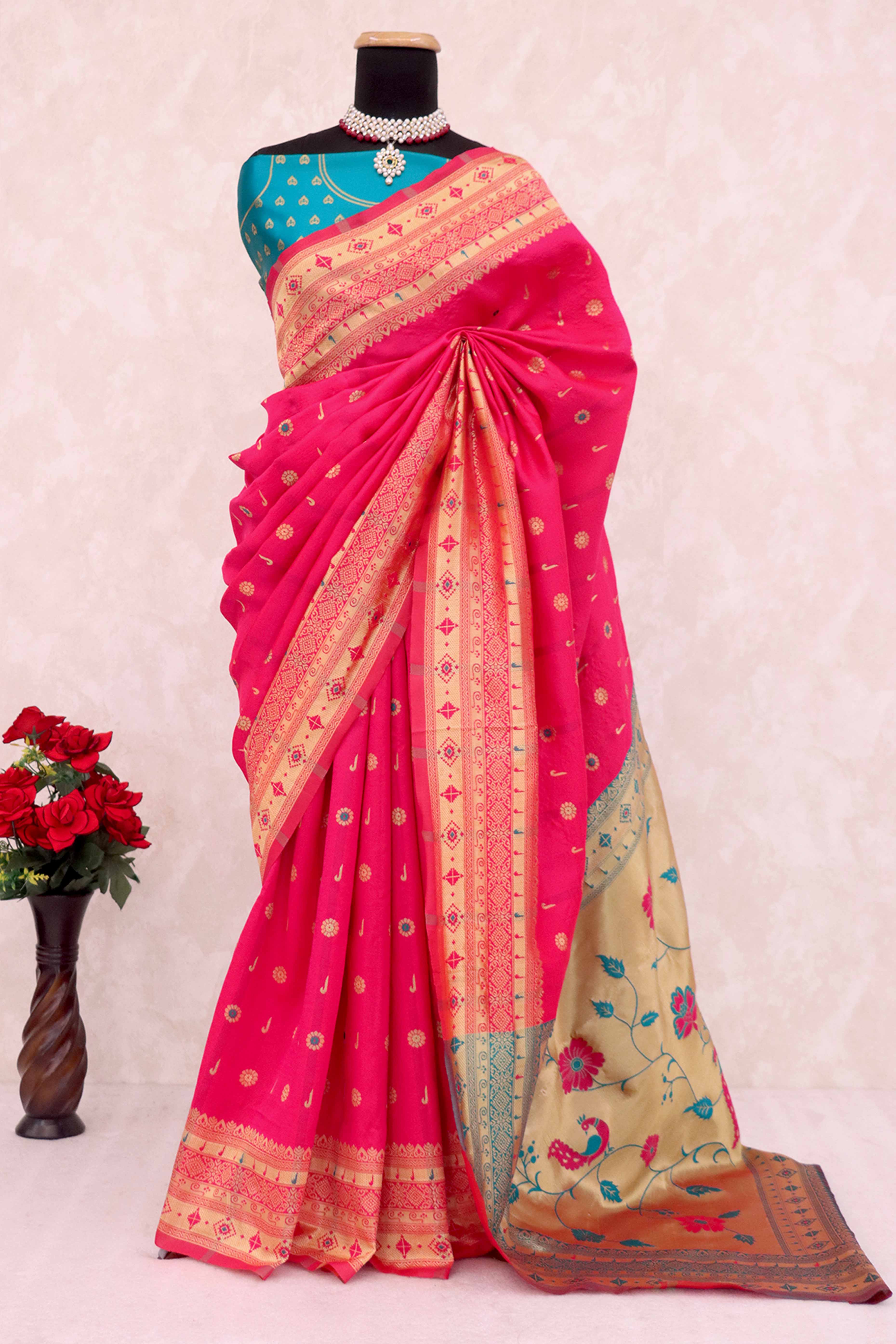 Pink Pure Silk Paithani Saree With Intricate Floral Zari Weaving