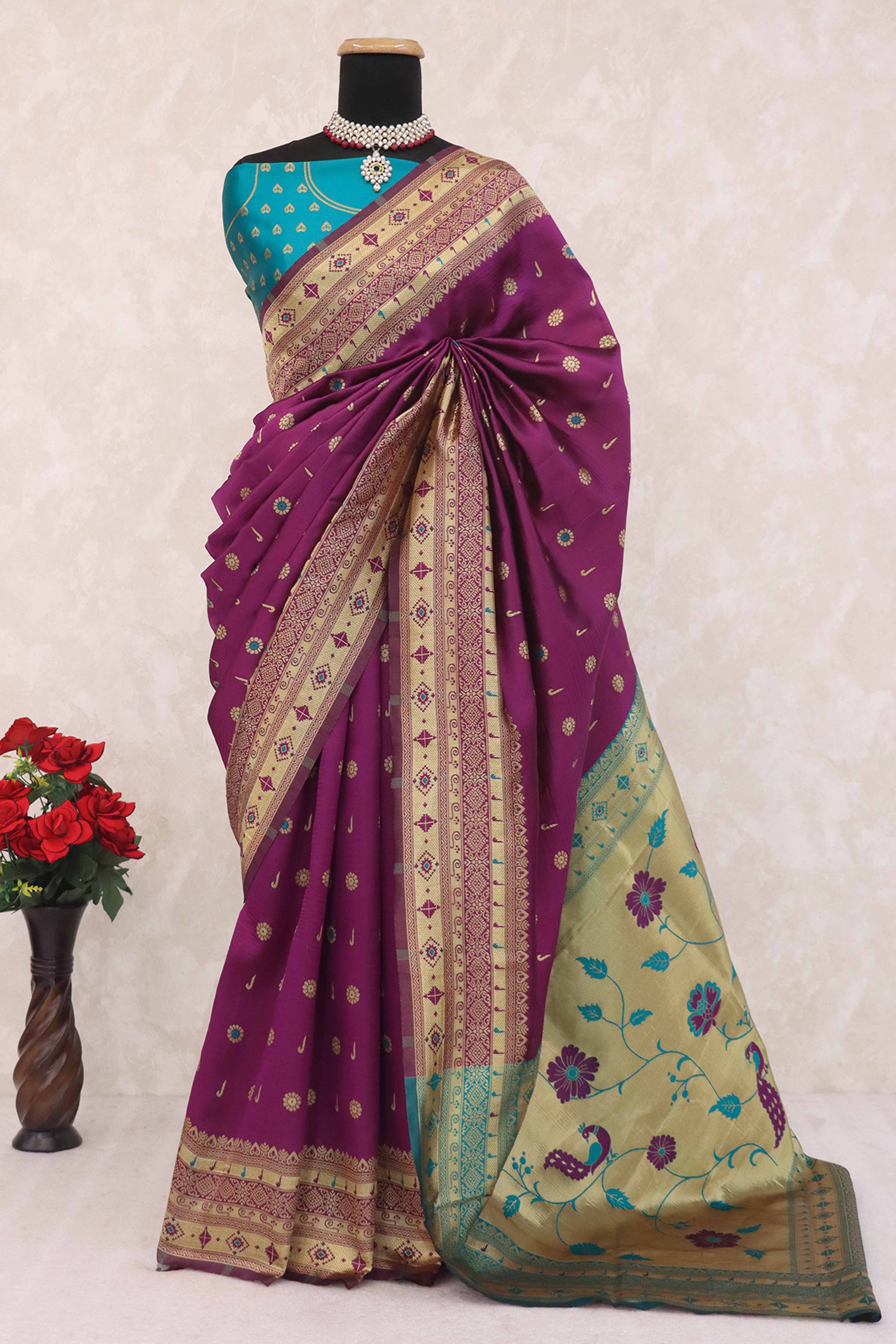 Purple Pure Silk Paithani Saree With Intricate Floral Zari Weaving