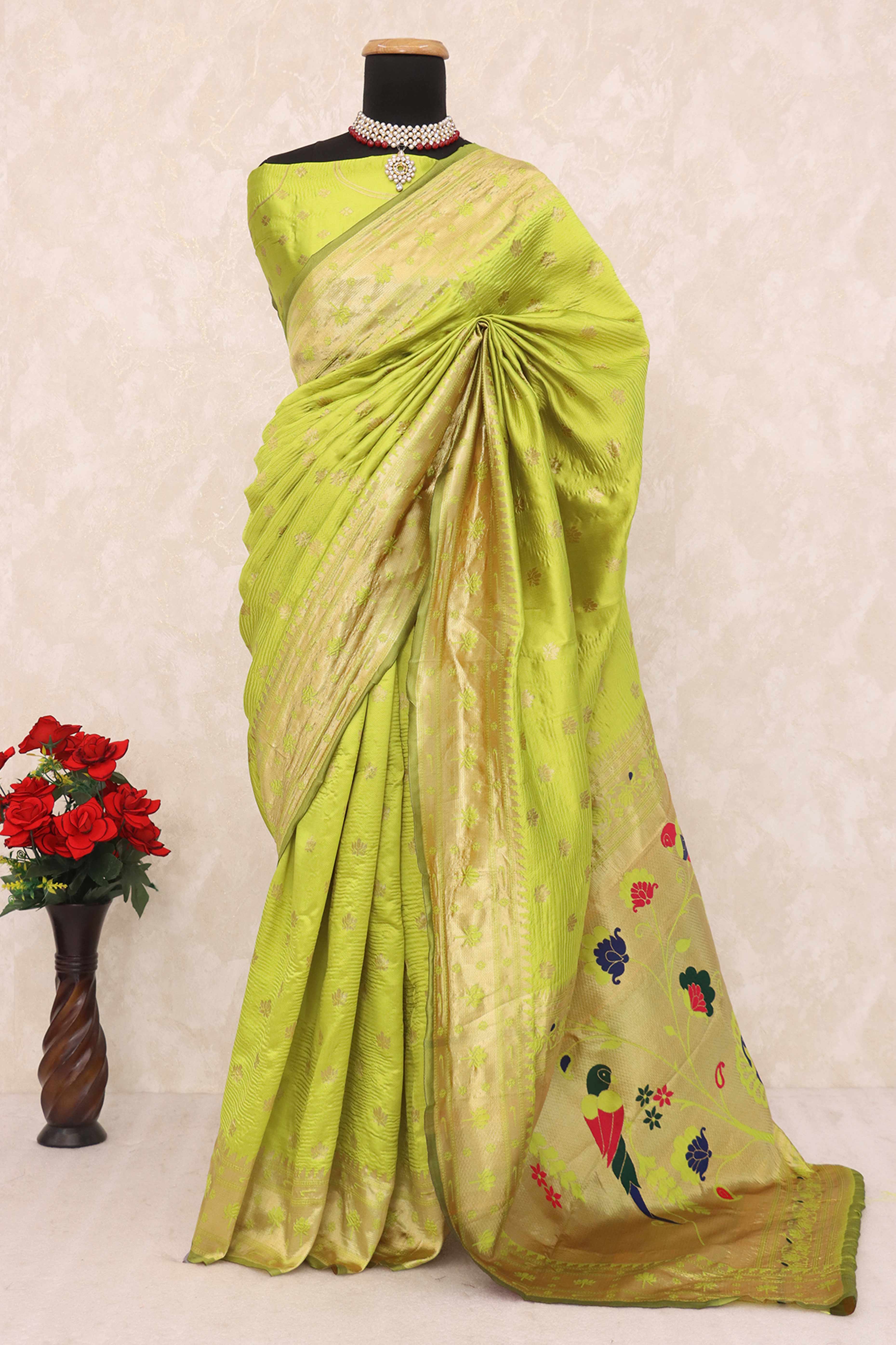 Lemon Green Pure Silk Paithani Saree With Elegant Floral Zari Weaving