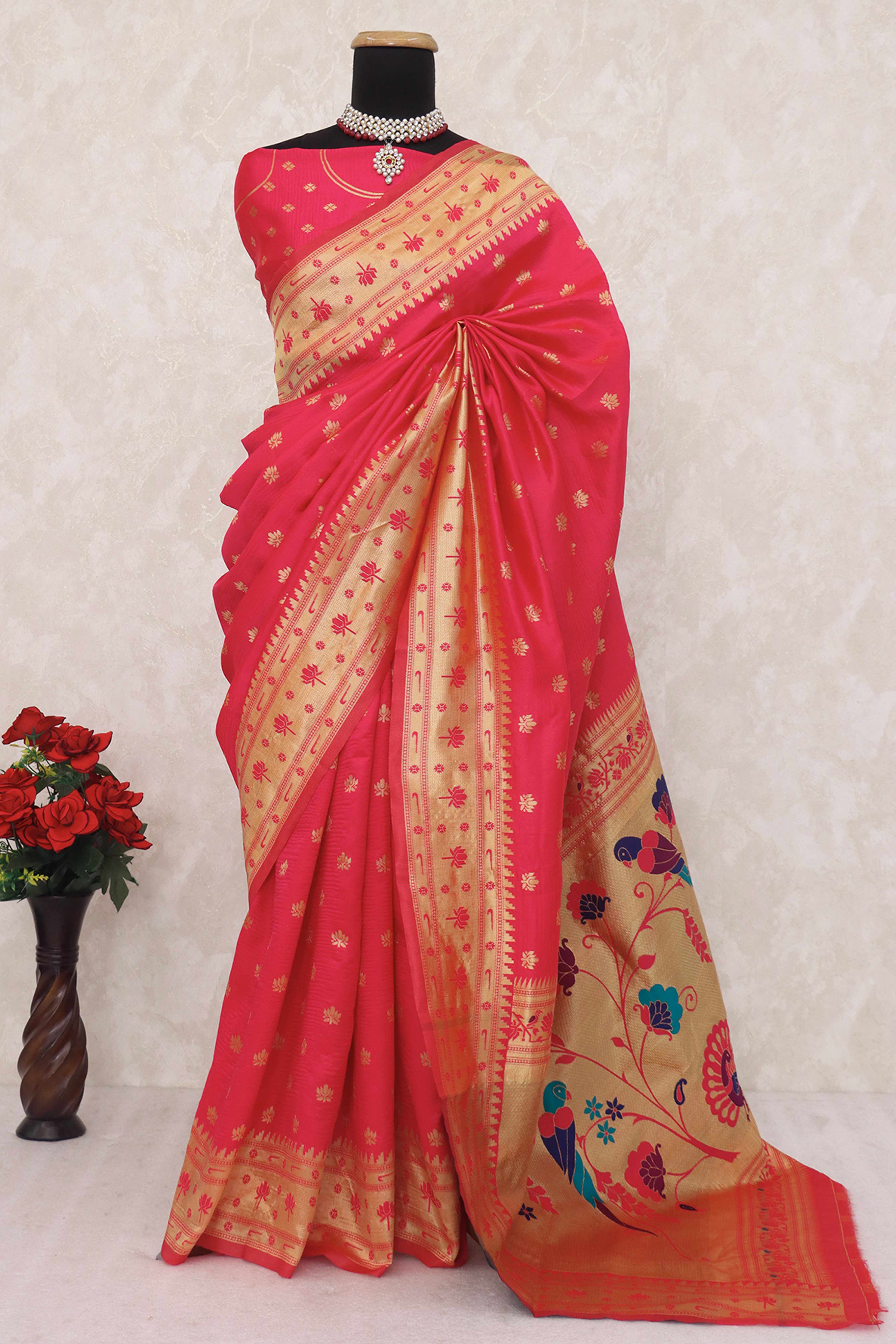 Pink Pure Silk Paithani Saree With Elegant Floral Zari Weaving