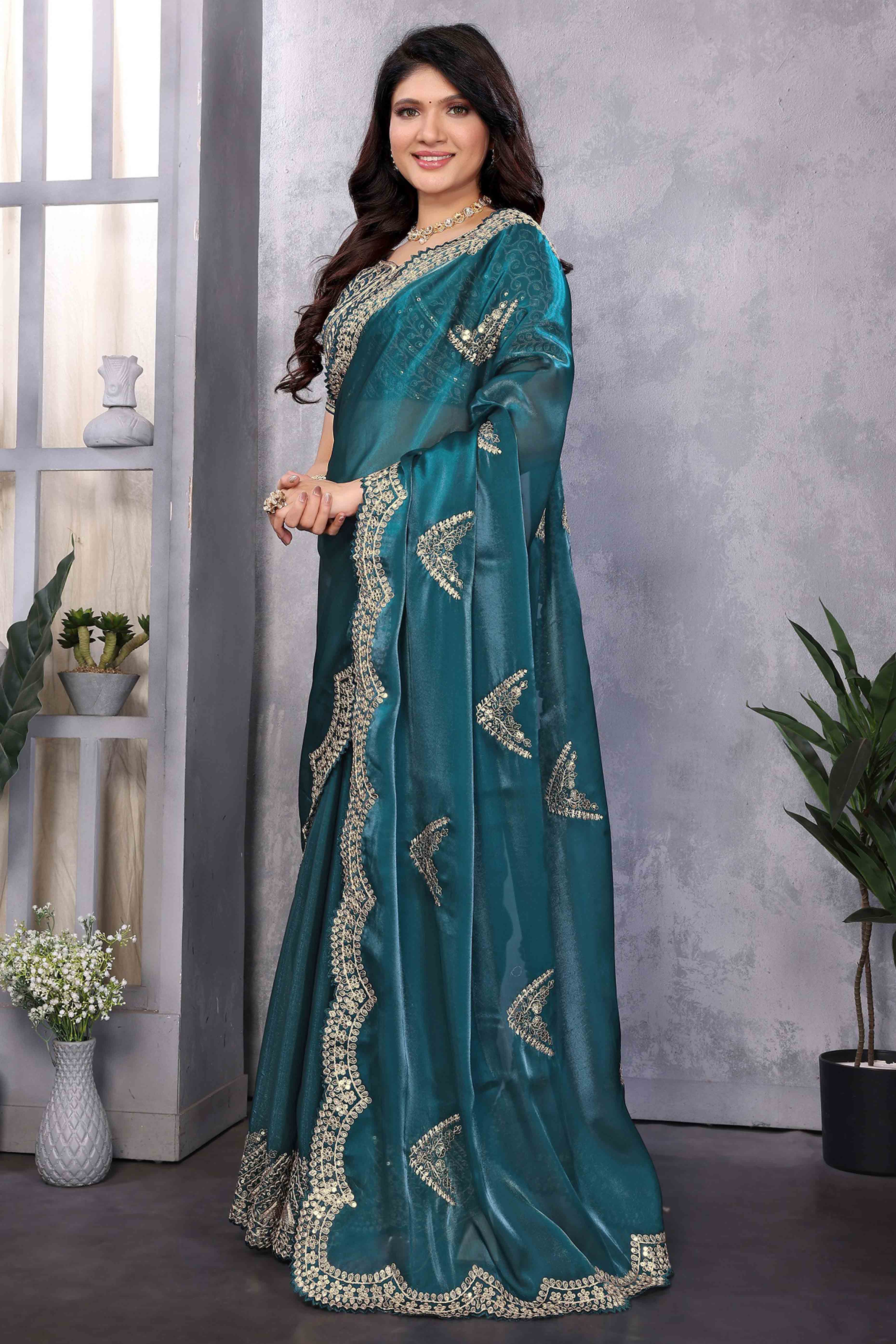 Teal Floral Sequins Embroidered Shimmer Chiffon Saree