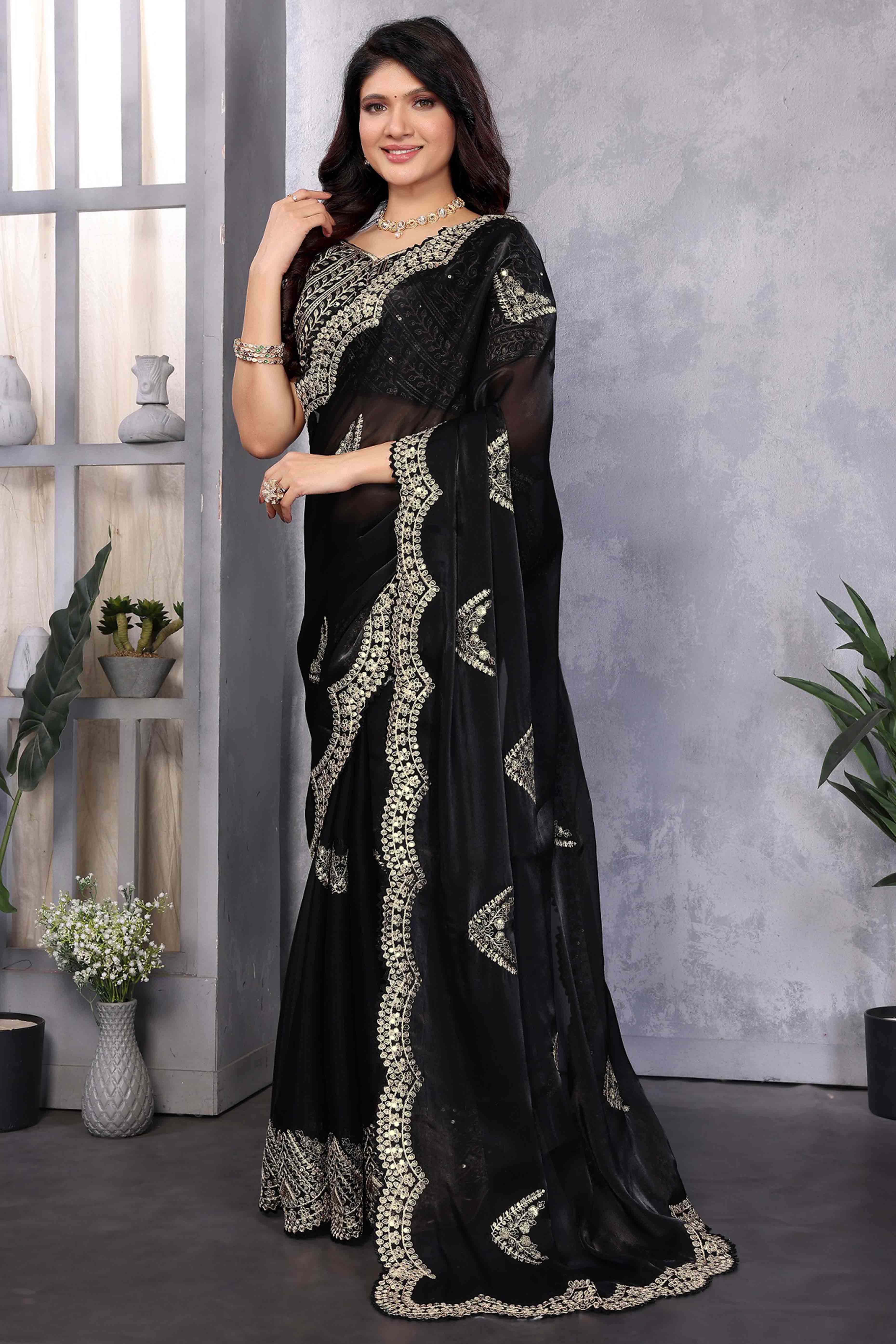 Black Floral Sequins Embroidered Shimmer Chiffon Saree