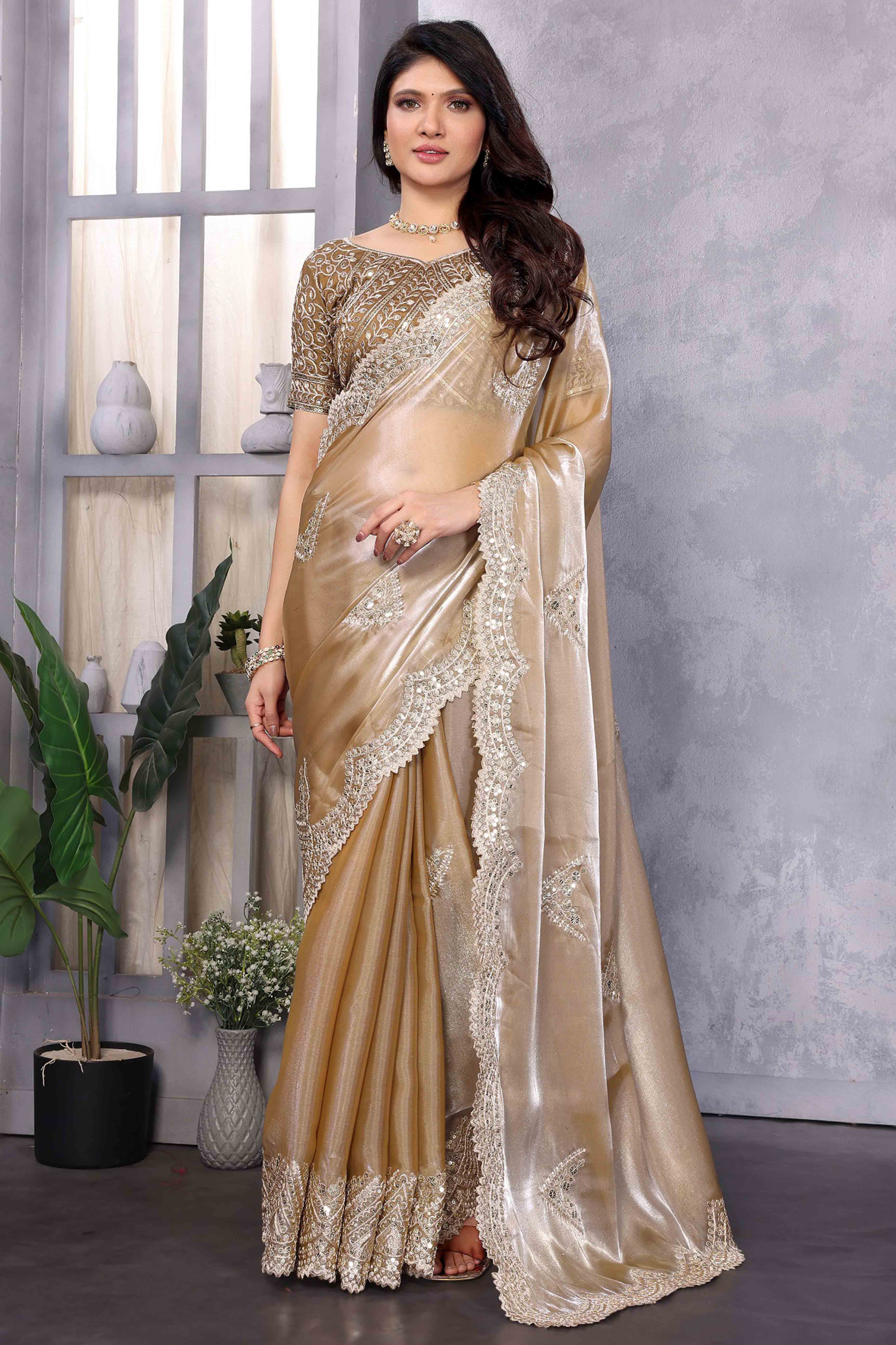 Chikoo Floral Sequins Embroidered Shimmer Chiffon Saree