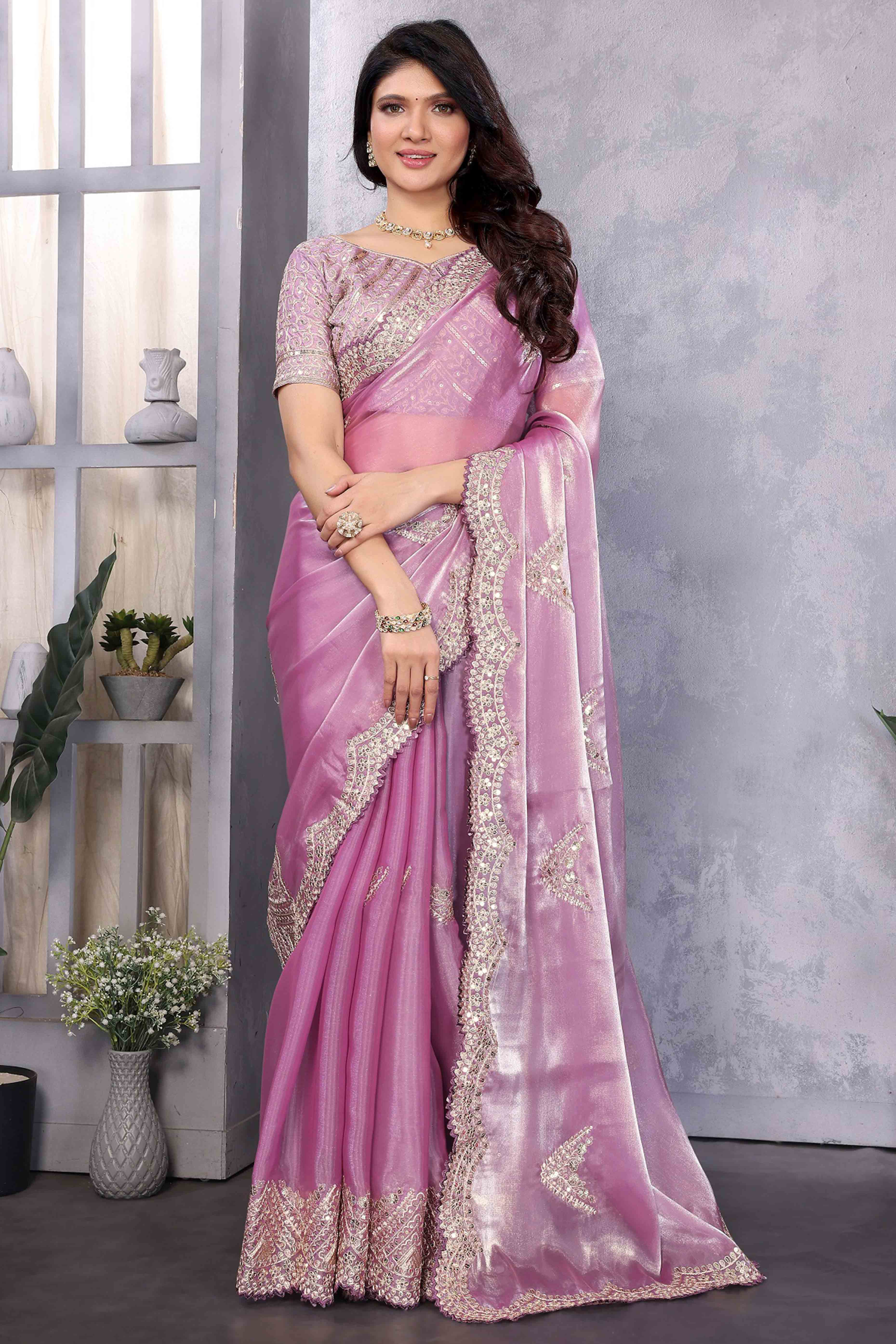 Light Purple Floral Sequins Embroidered Shimmer Chiffon Saree