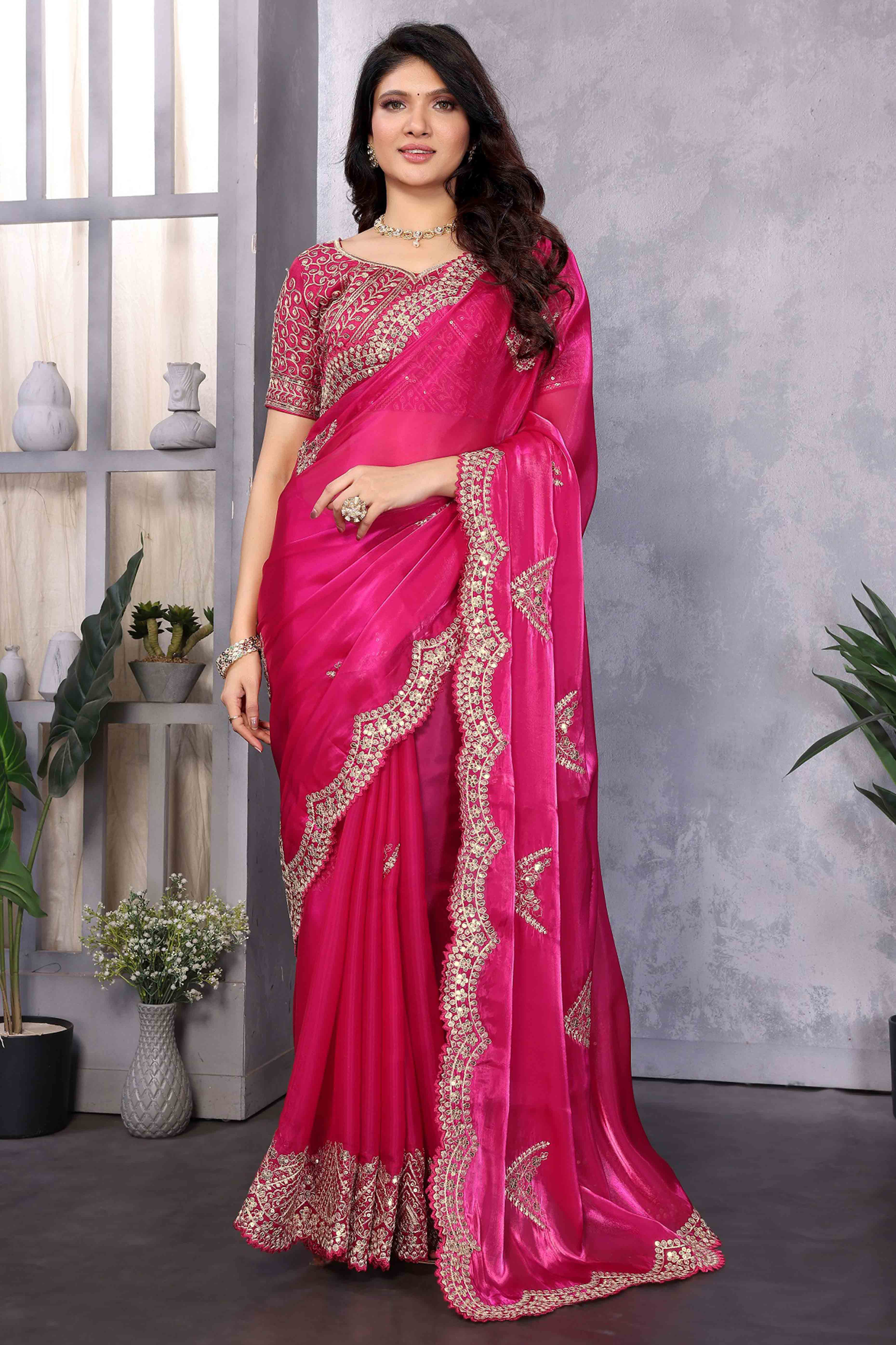 Rani Pink Floral Sequins Embroidered Shimmer Chiffon Saree