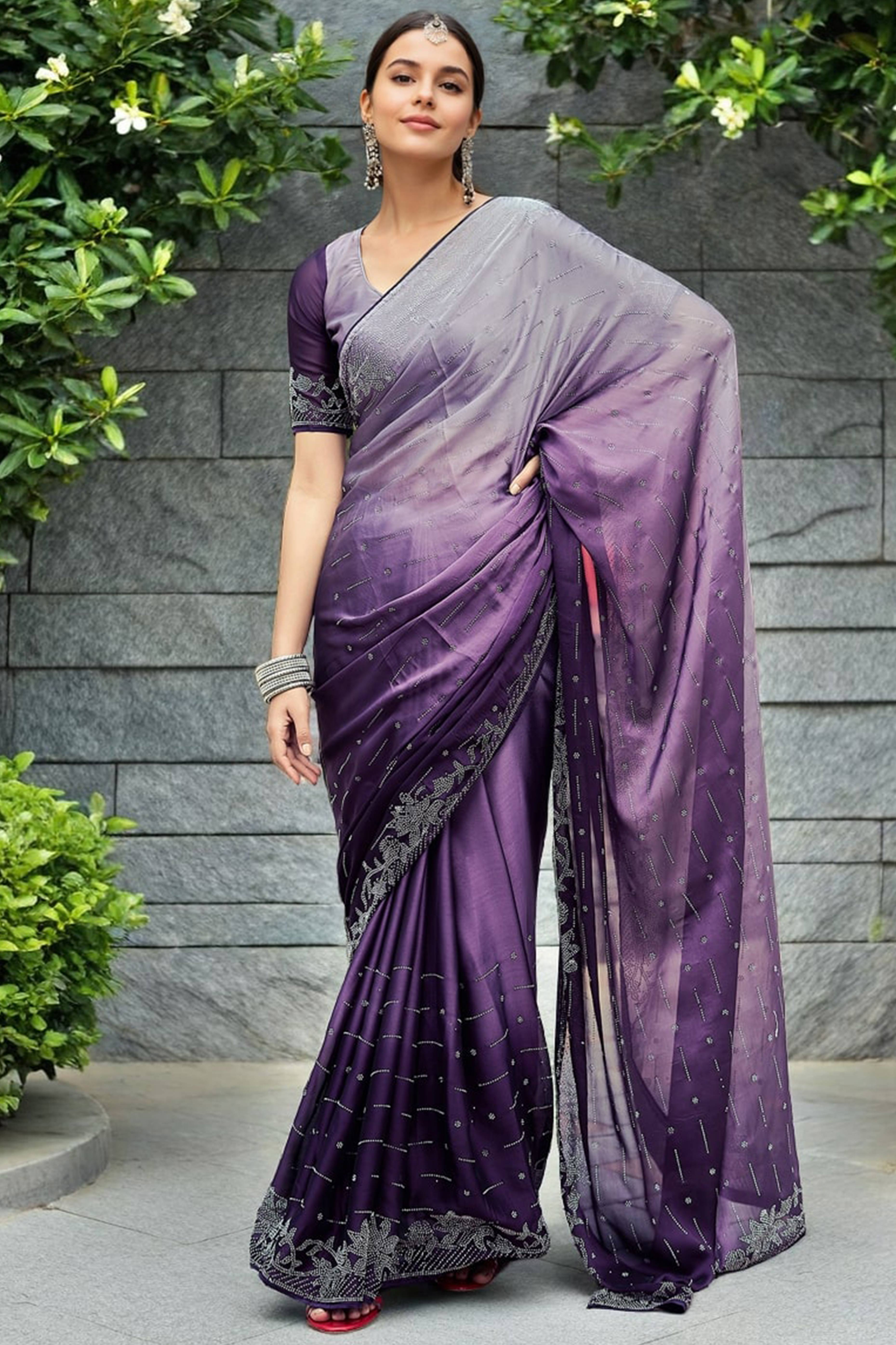 Purple Rangoli Dola Silk Saree Adorned With Gleaming Swarovski Work & Classic Floral Border