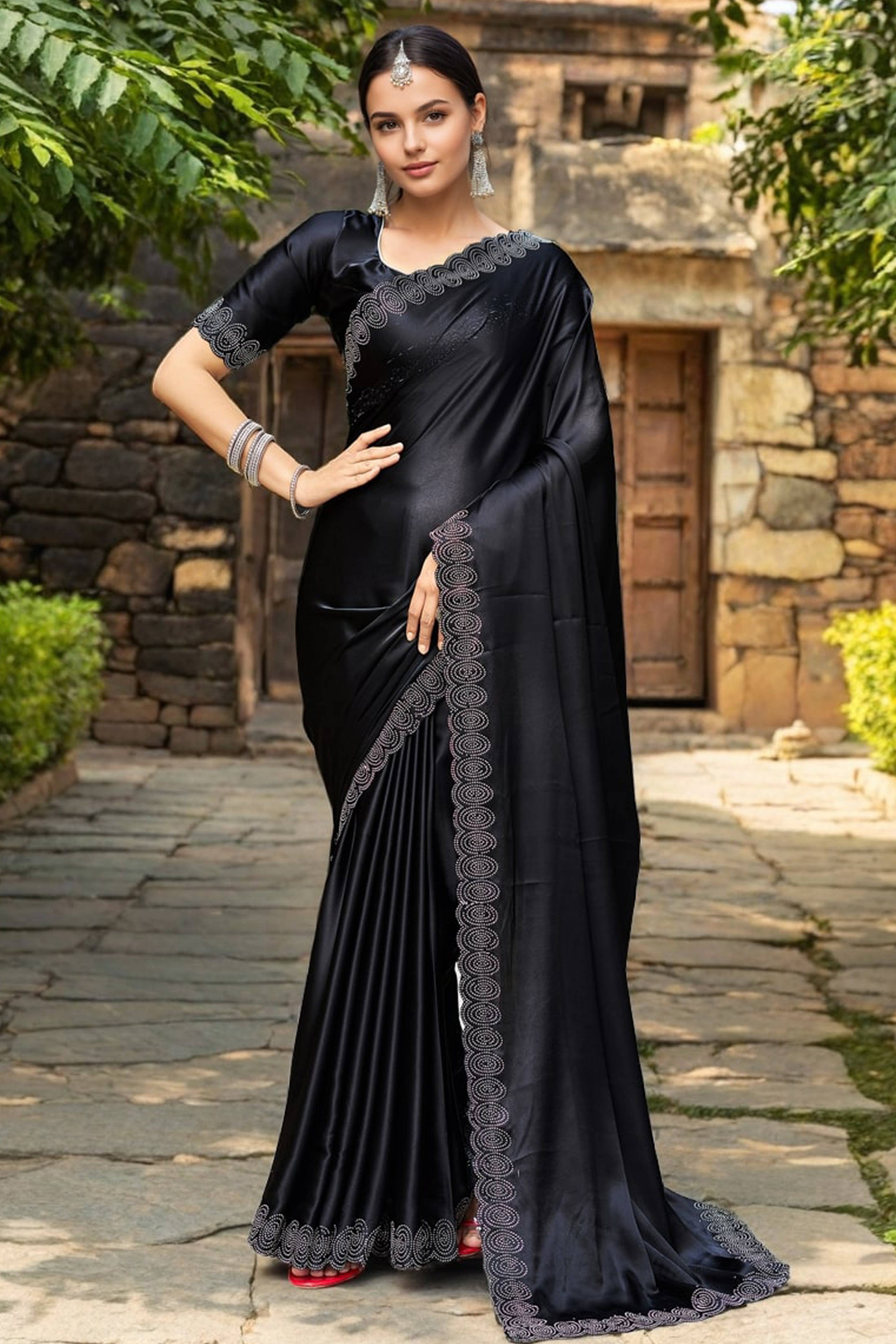 Black Solid Rangoli Dola Silk Saree Featuring Sparkling Swarovski Work Border