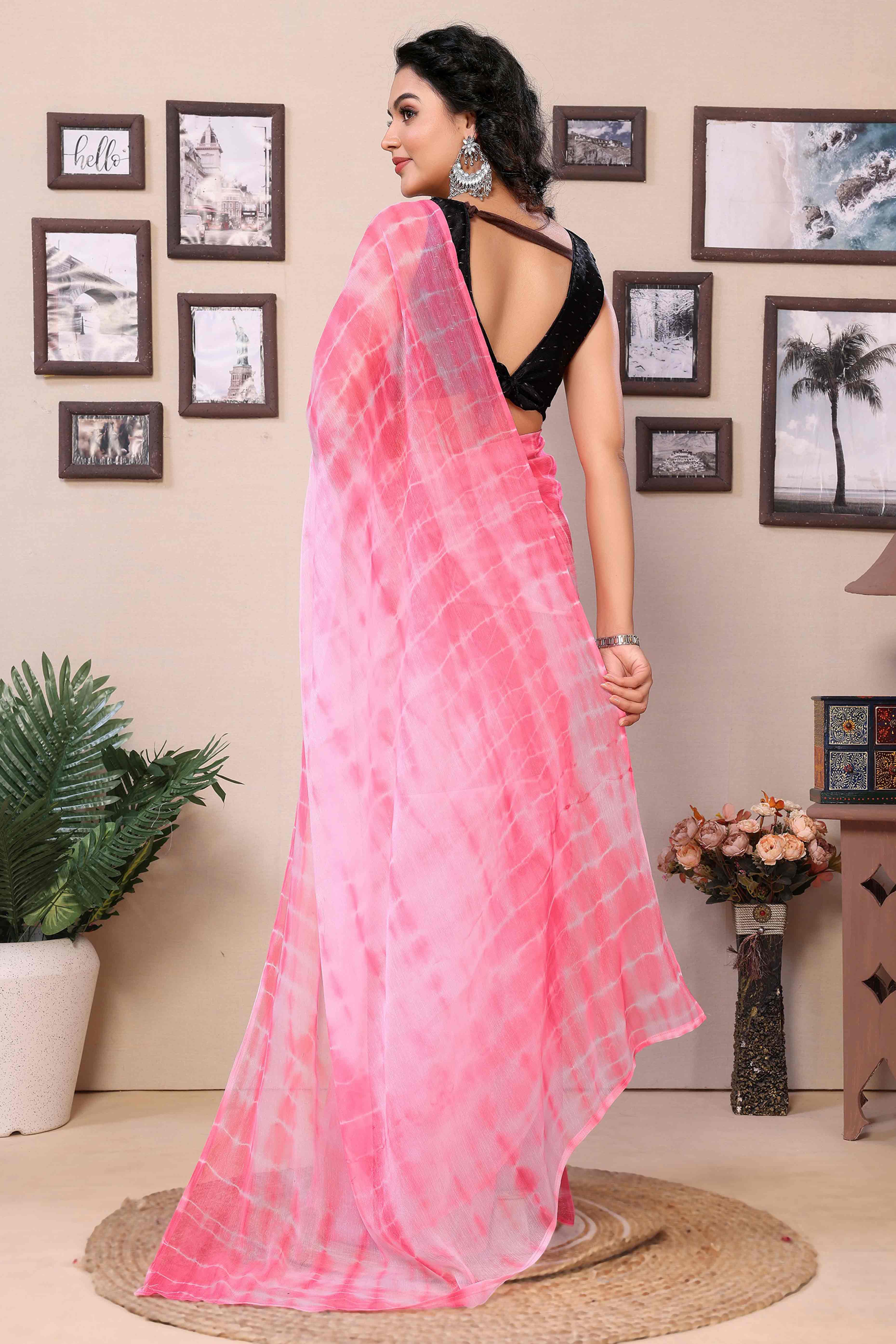 Pink Shibori Printed Georgette Ready To Wear Saree