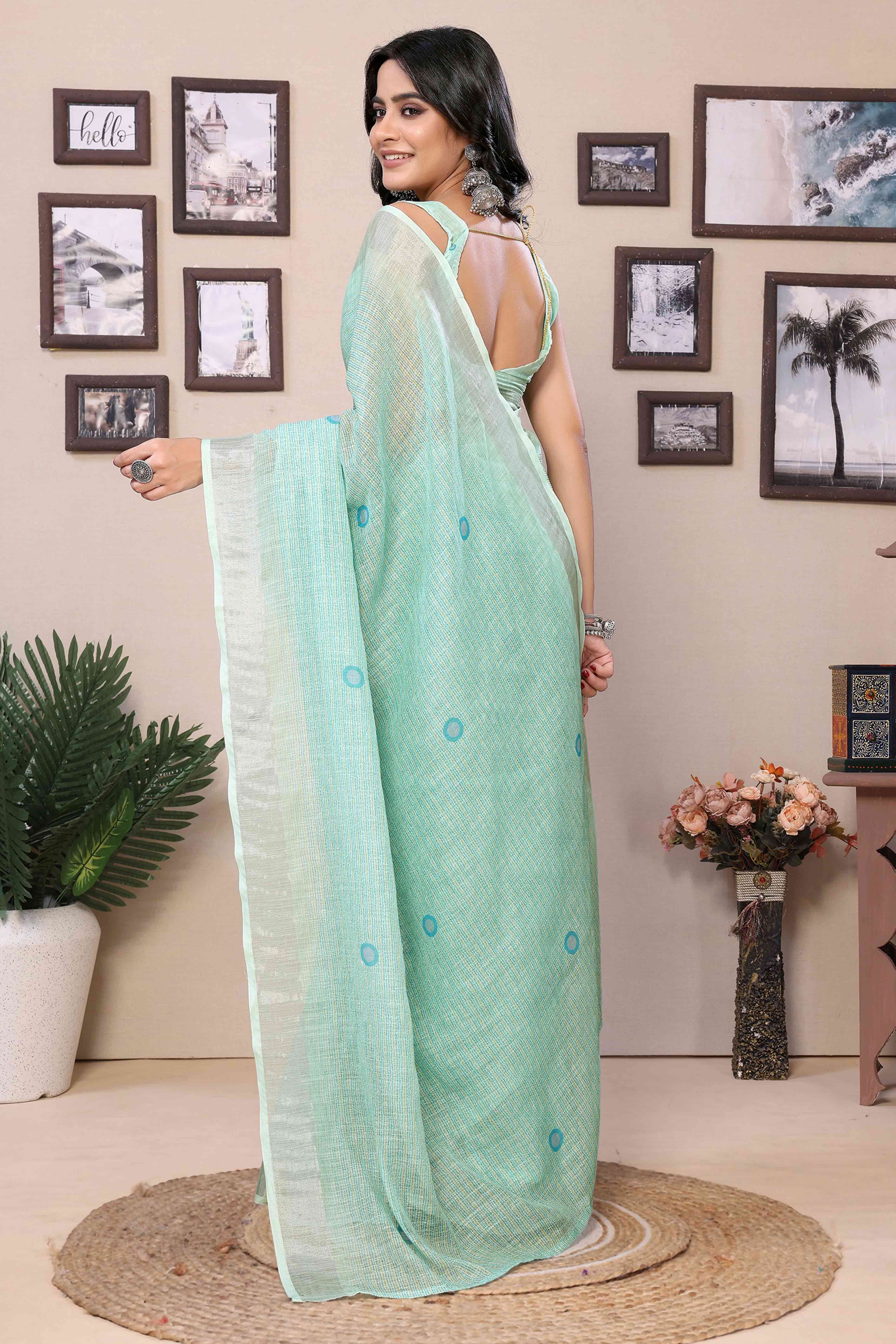 Sea Green Geometric Digital Printed Cotton Blend Ready To Wear Saree