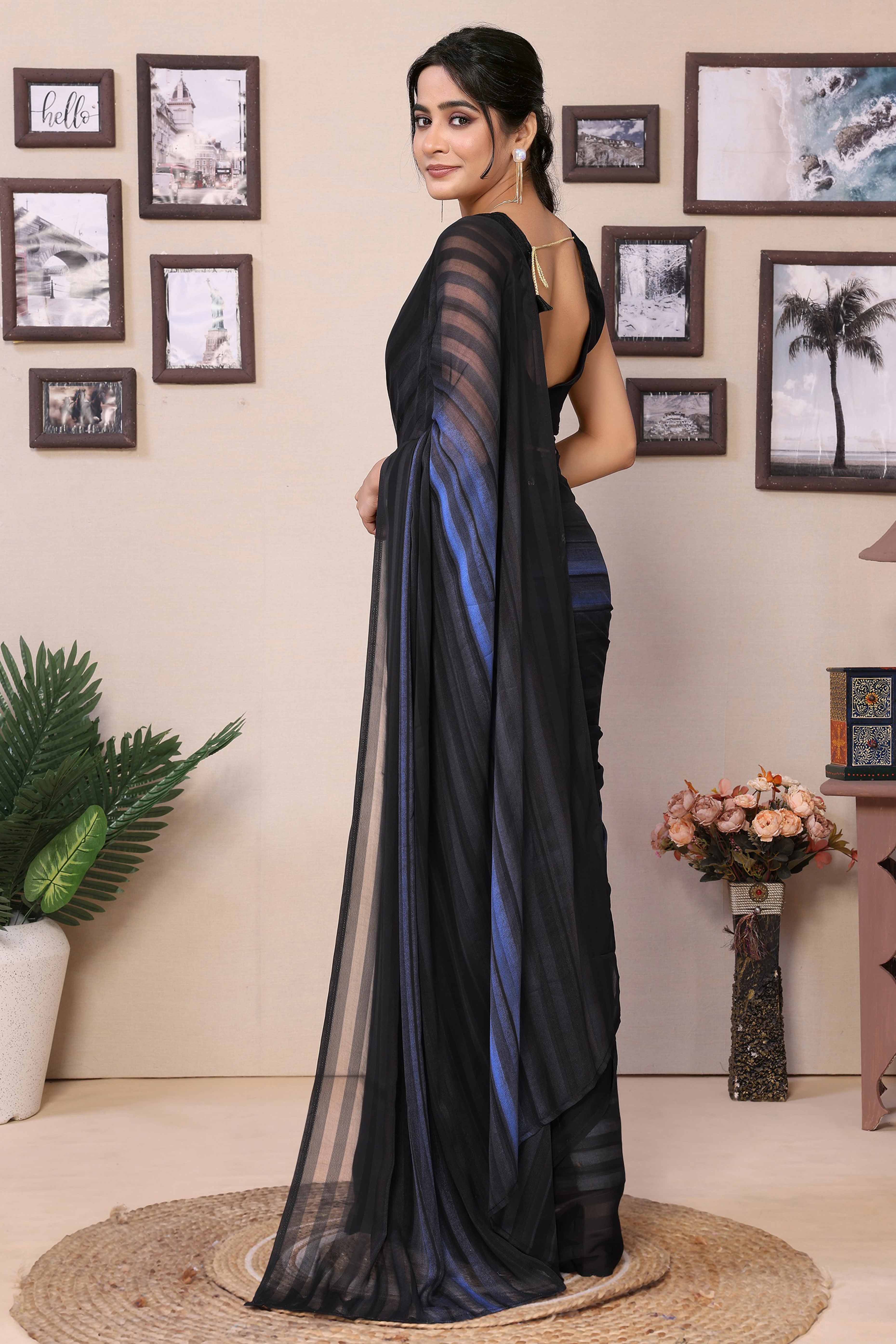 Black & Blue Striped Printed Georgette Satin Patta Ready To Wear Saree