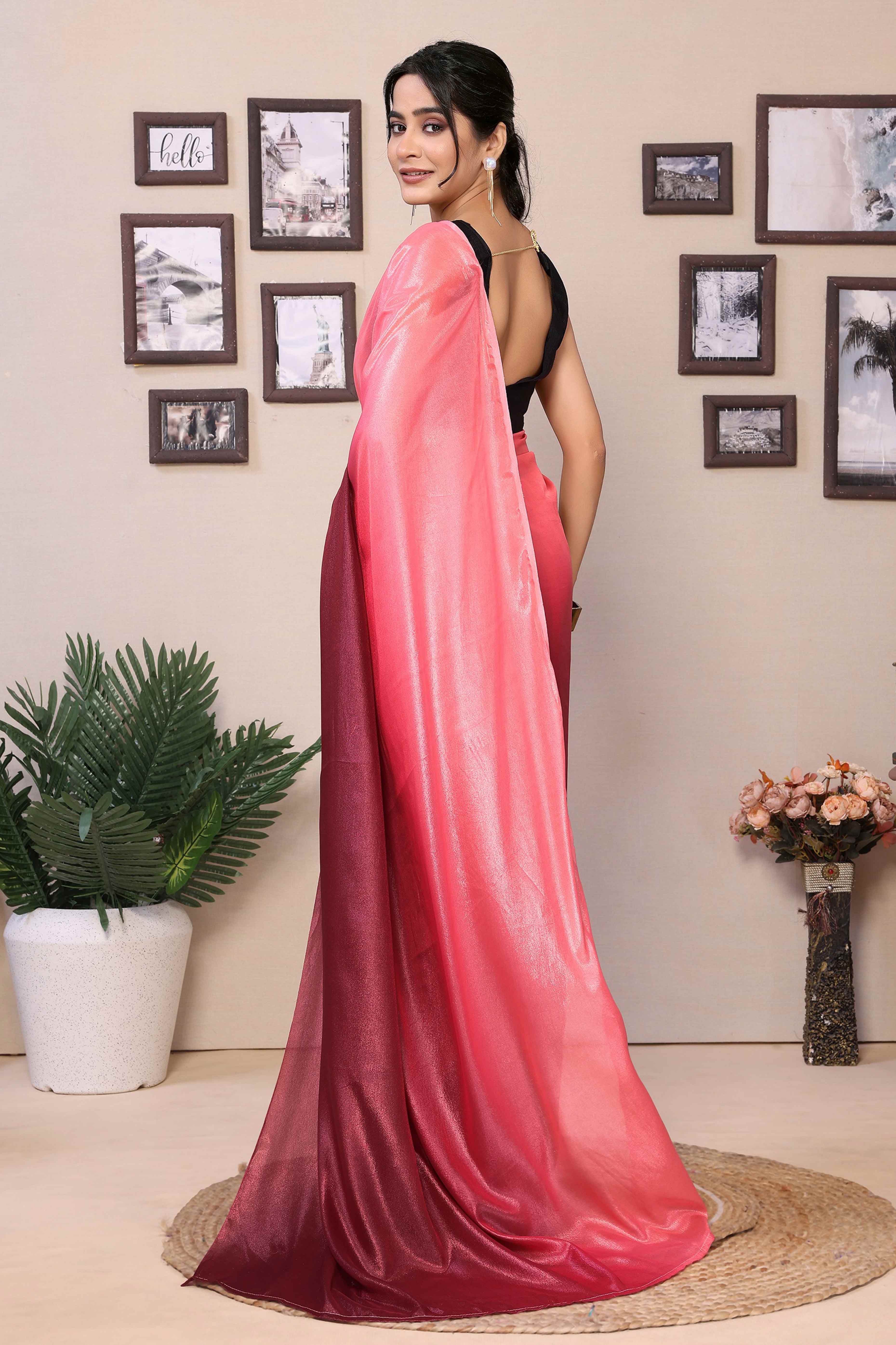 Pink & Maroon Solid Printed Chiffon Ready To Wear Ombre Saree