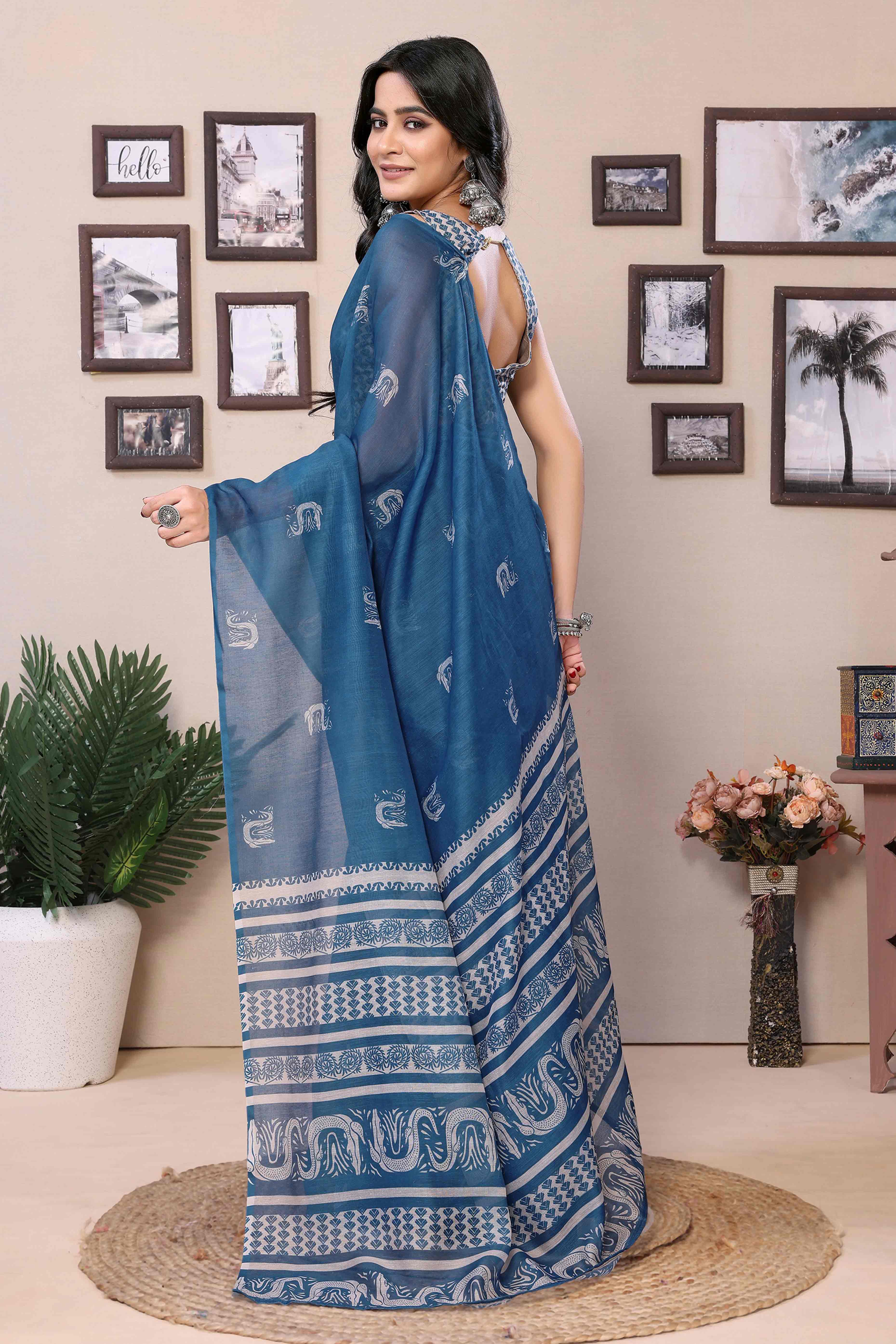 Blue Digital Printed Cotton Blend Ready To Wear Saree