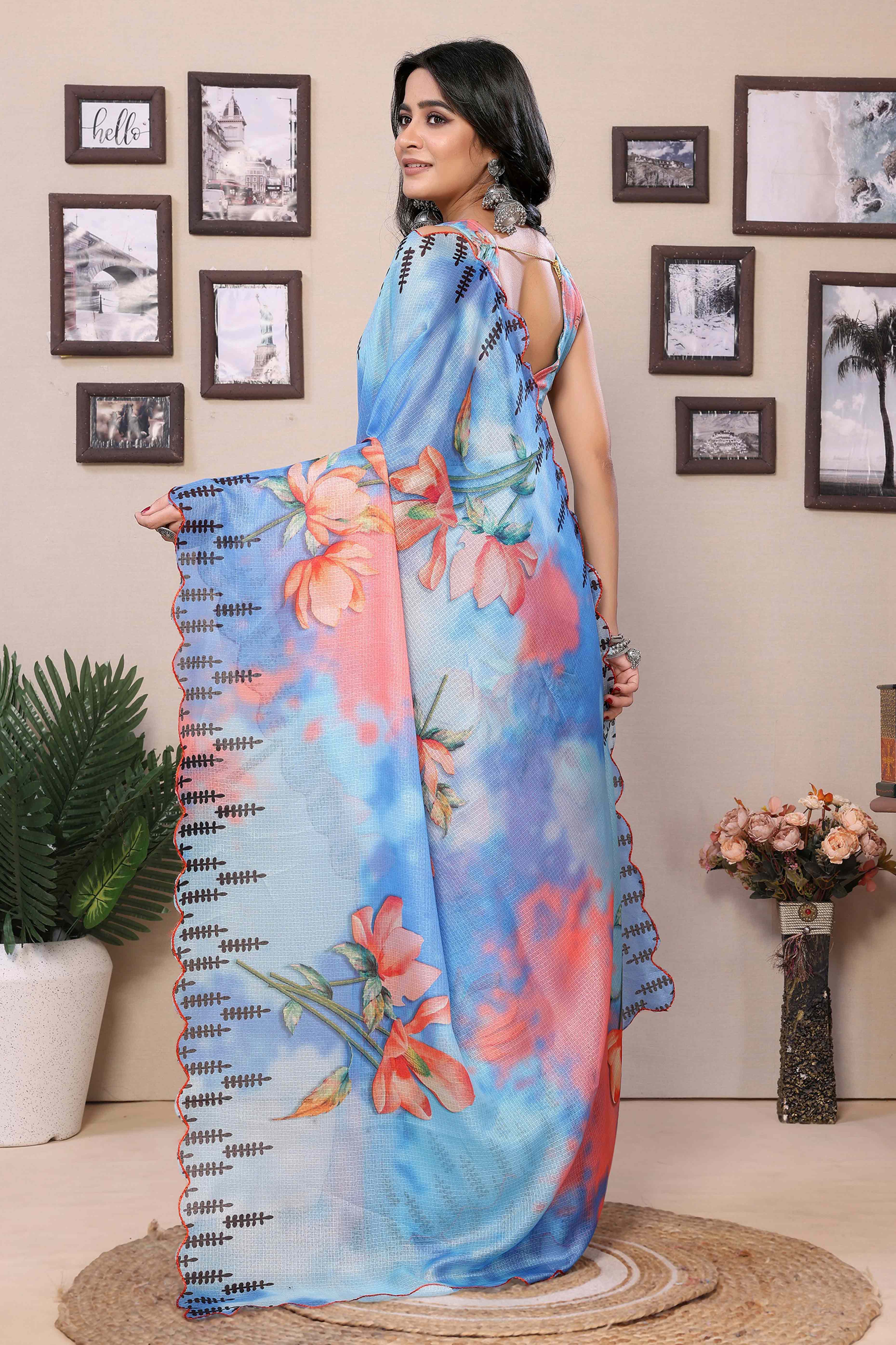 Blue Floral Digital Printed Kota Doria Ready To Wear Saree