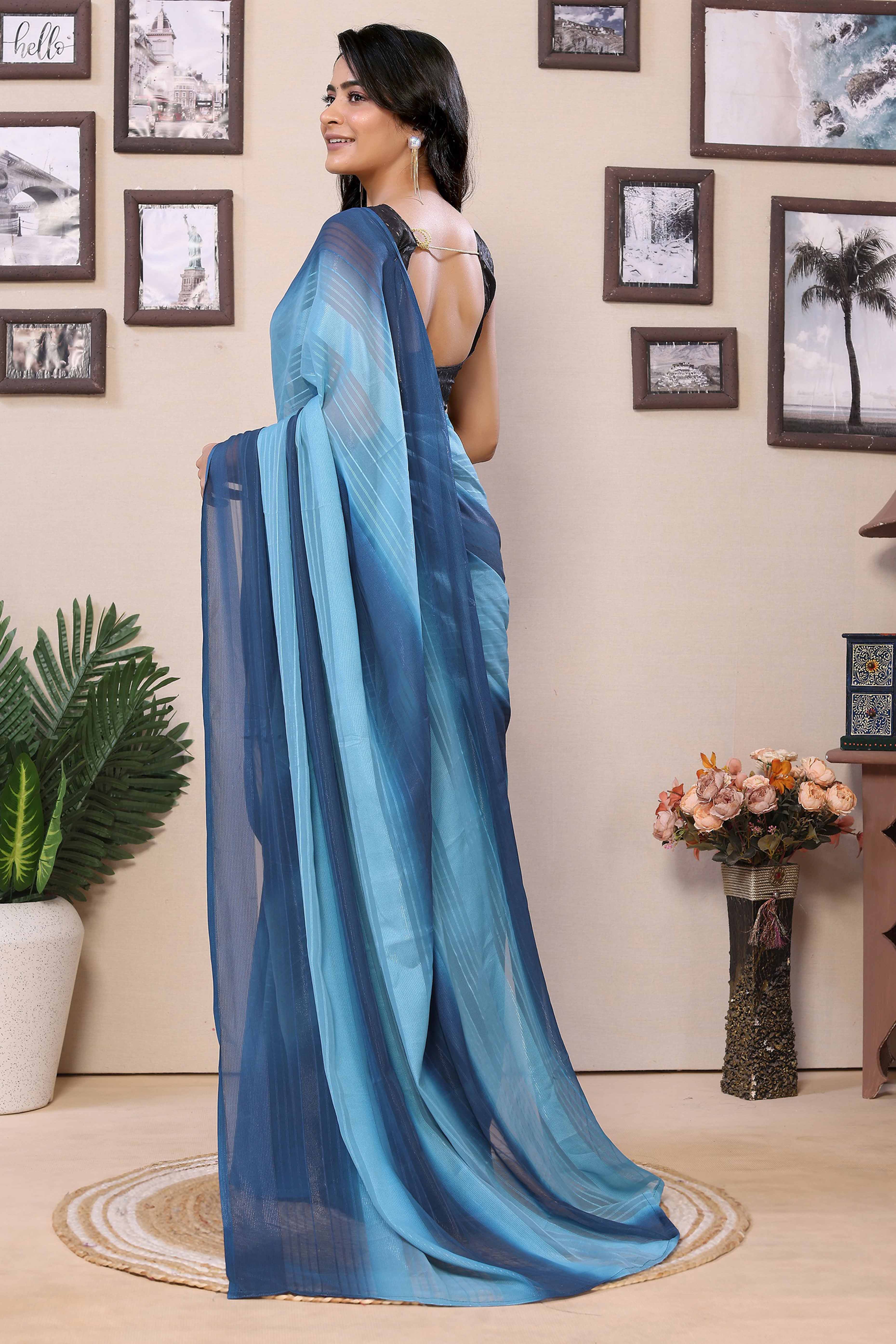 Blue Striped Zari With Digital Printed Georgette Ready To Wear Saree