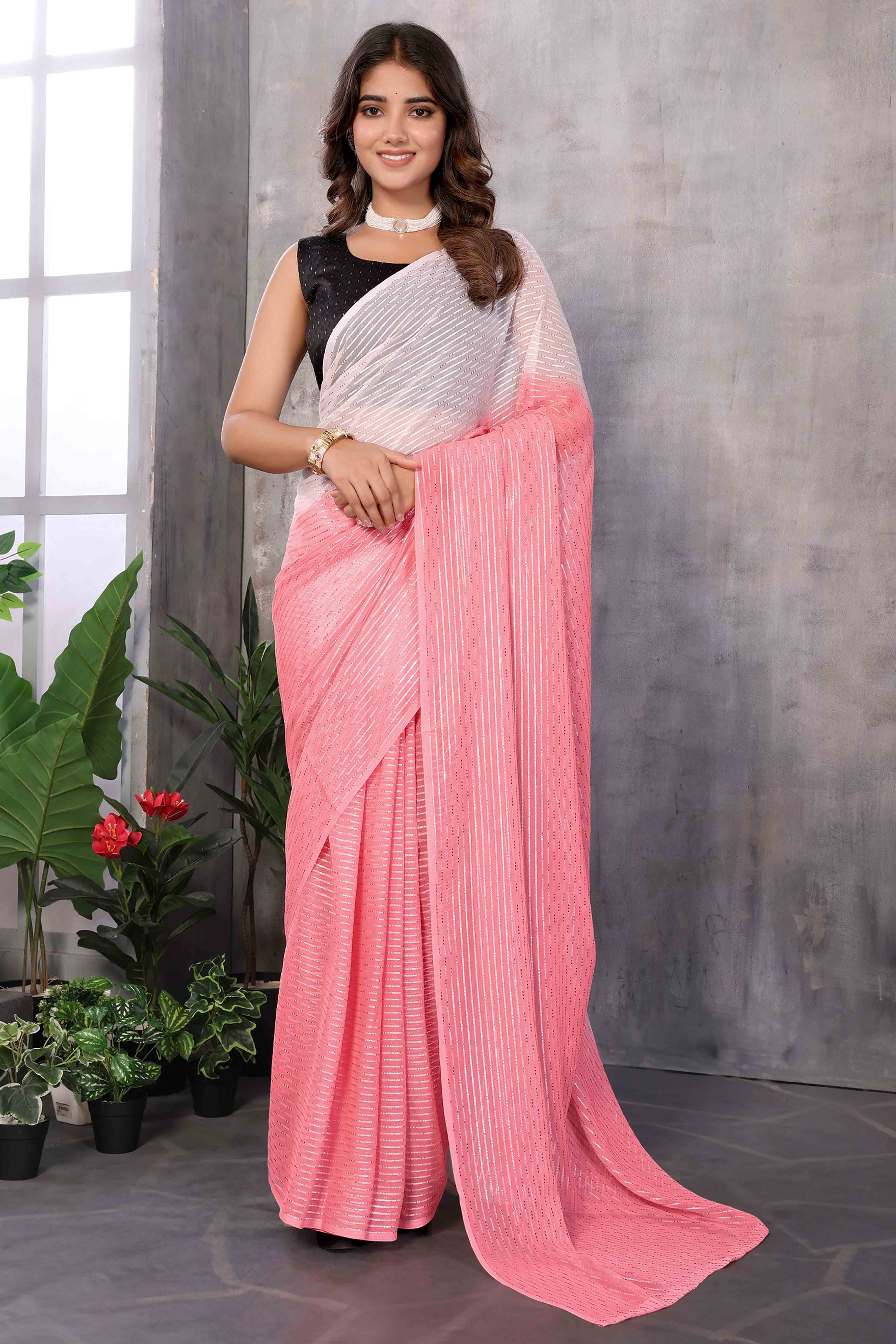 Pink Striped Zari Woven Art Silk Ready To Wear Saree