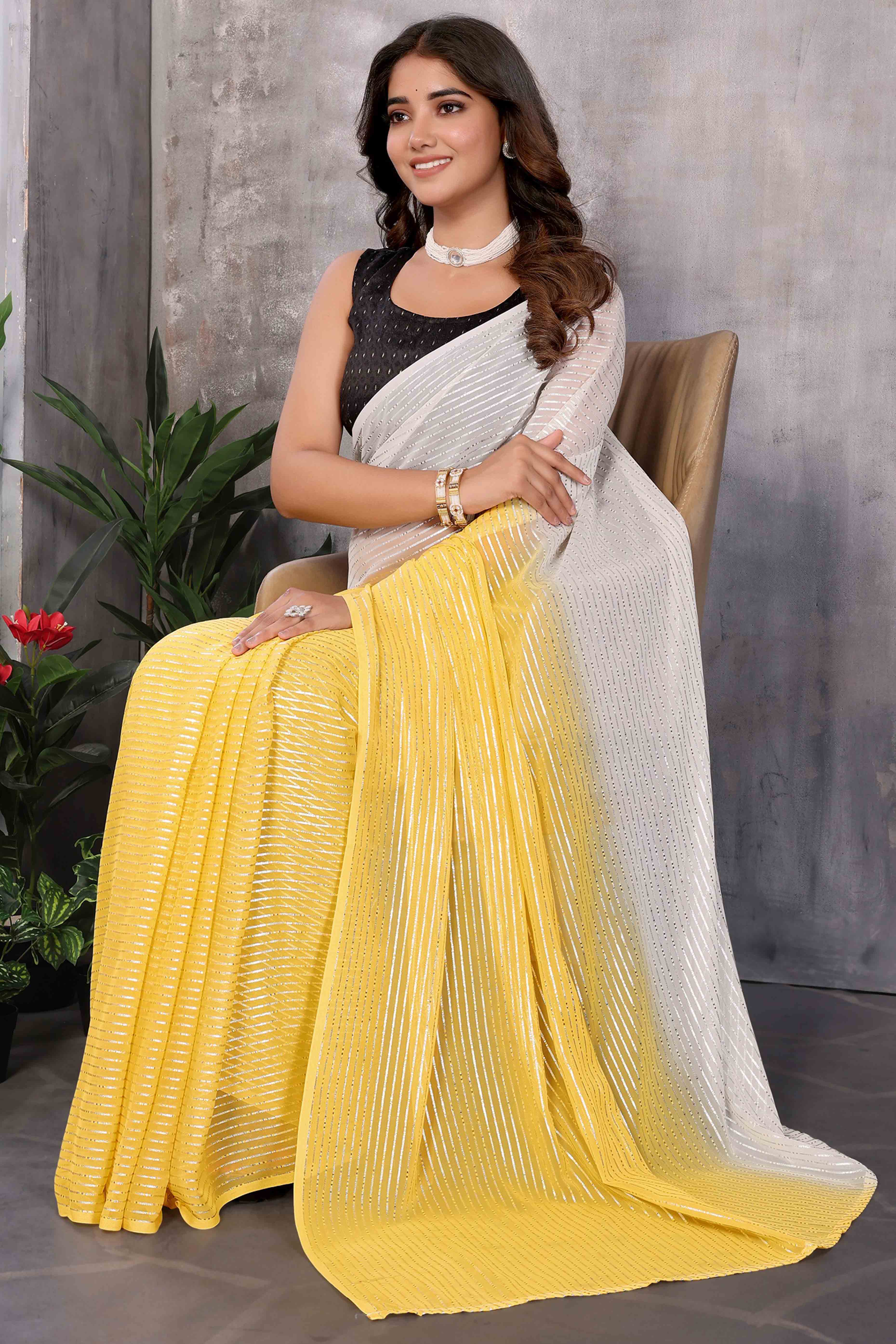 Yellow Striped Zari Woven Art Silk Ready To Wear Saree