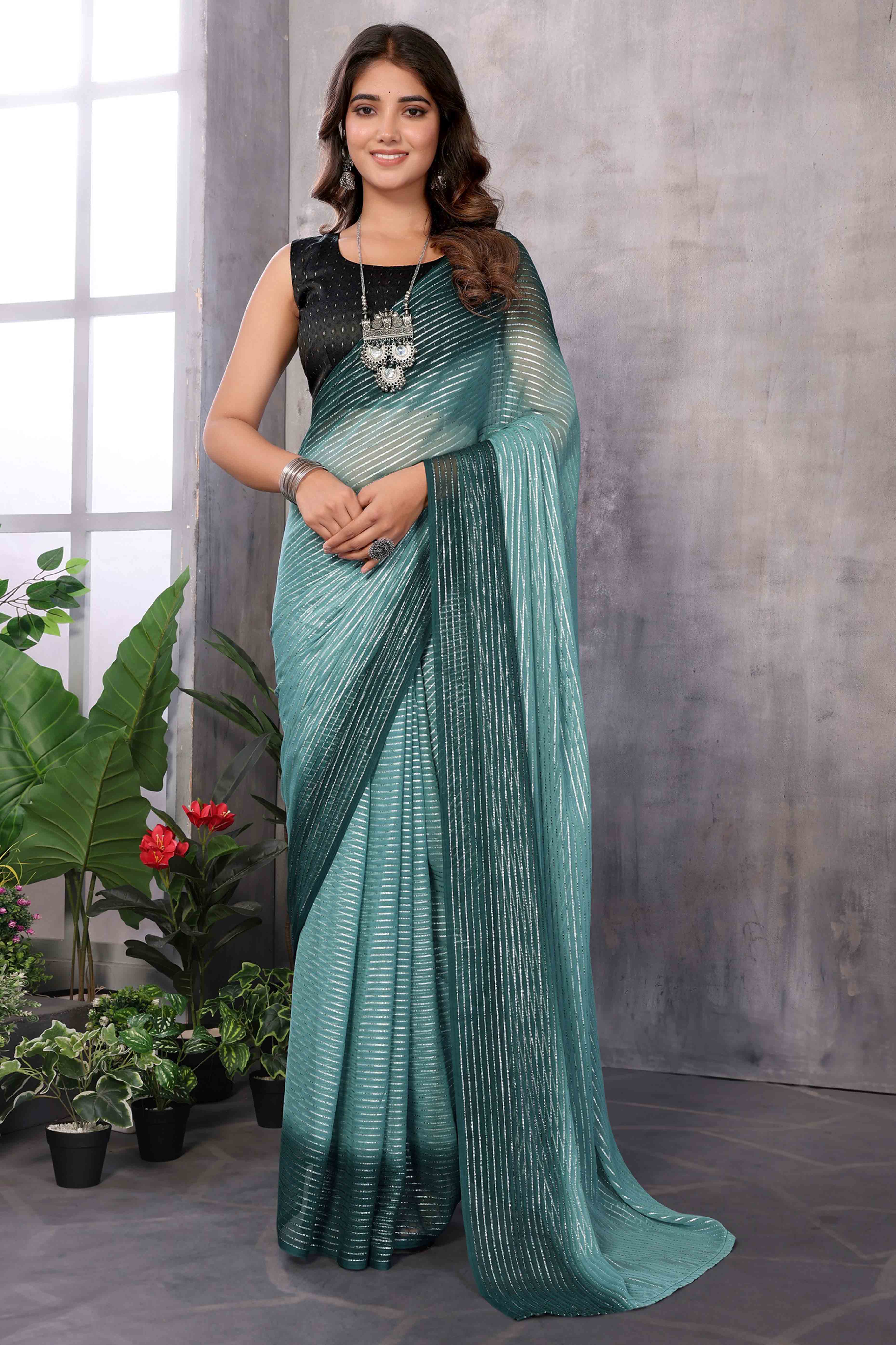 Teal Striped Zari Woven Art Silk Ready To Wear Saree