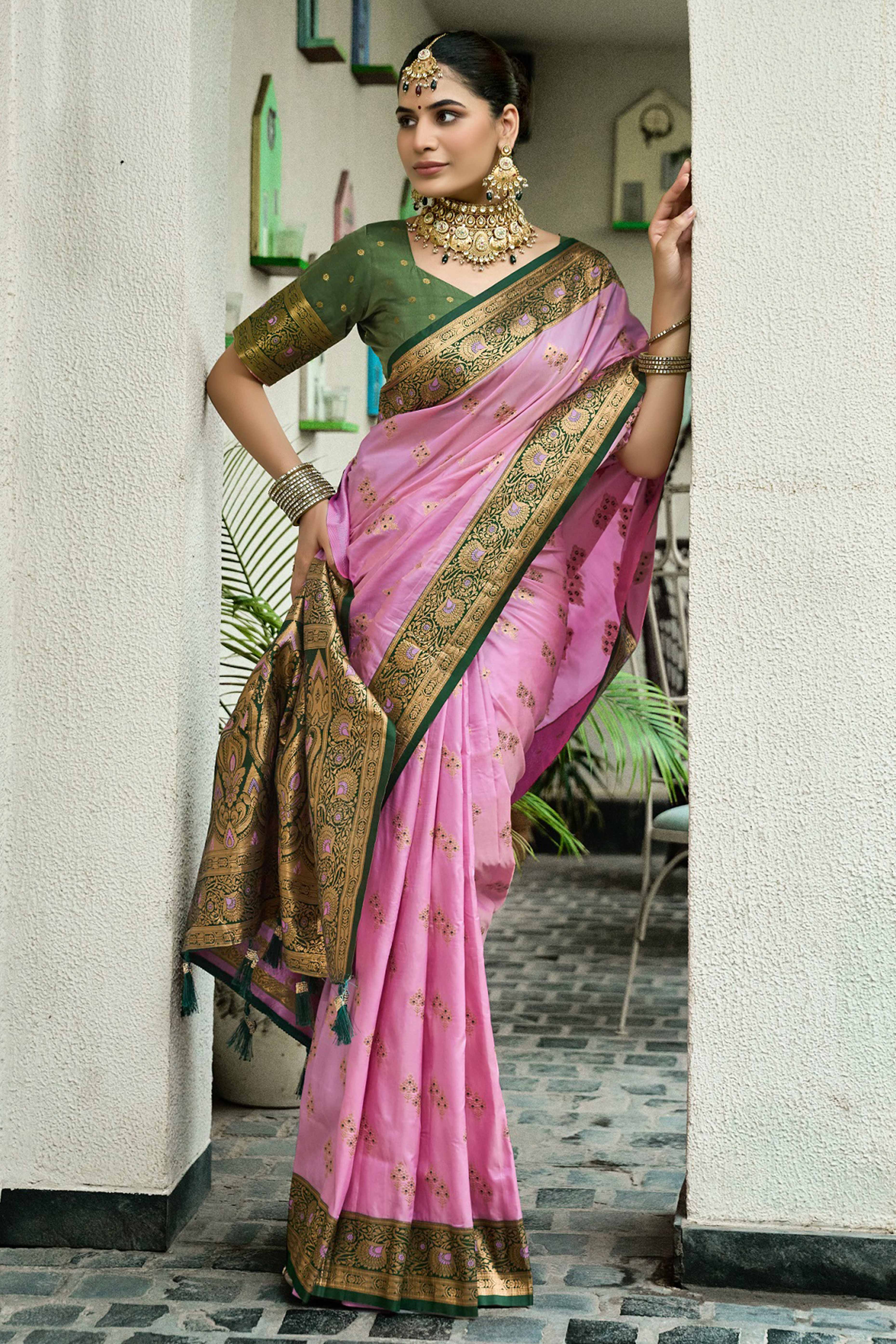 Pink Silk Blend Saree Featuring Intricate Floral Zari Work