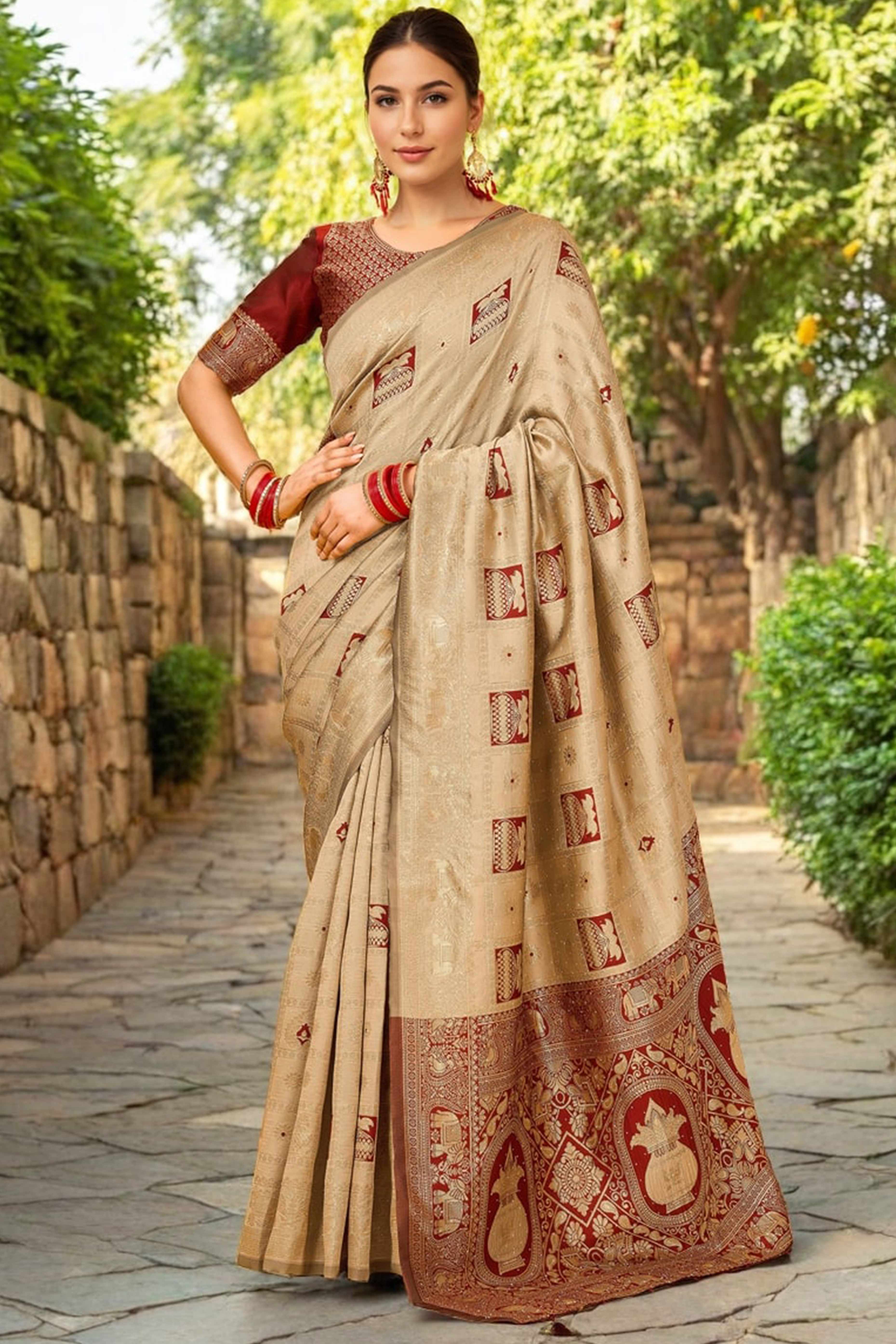 Chikoo Floral Weaving Paithani Saree In Soft Silk Accented With A Stylish Tassel Border Pallu