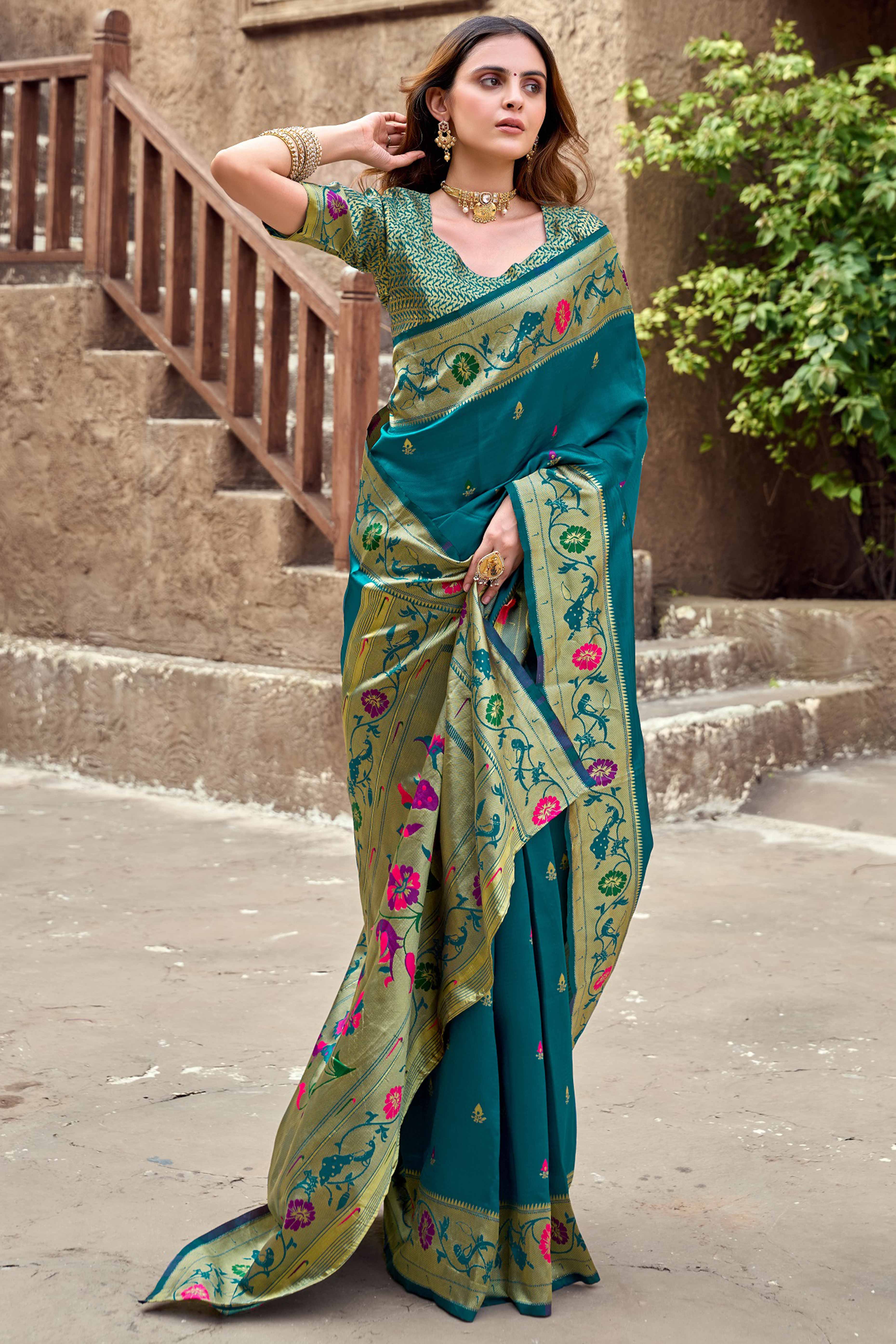 Teal Paithani Style Soft Silk Saree with Zari Weaving