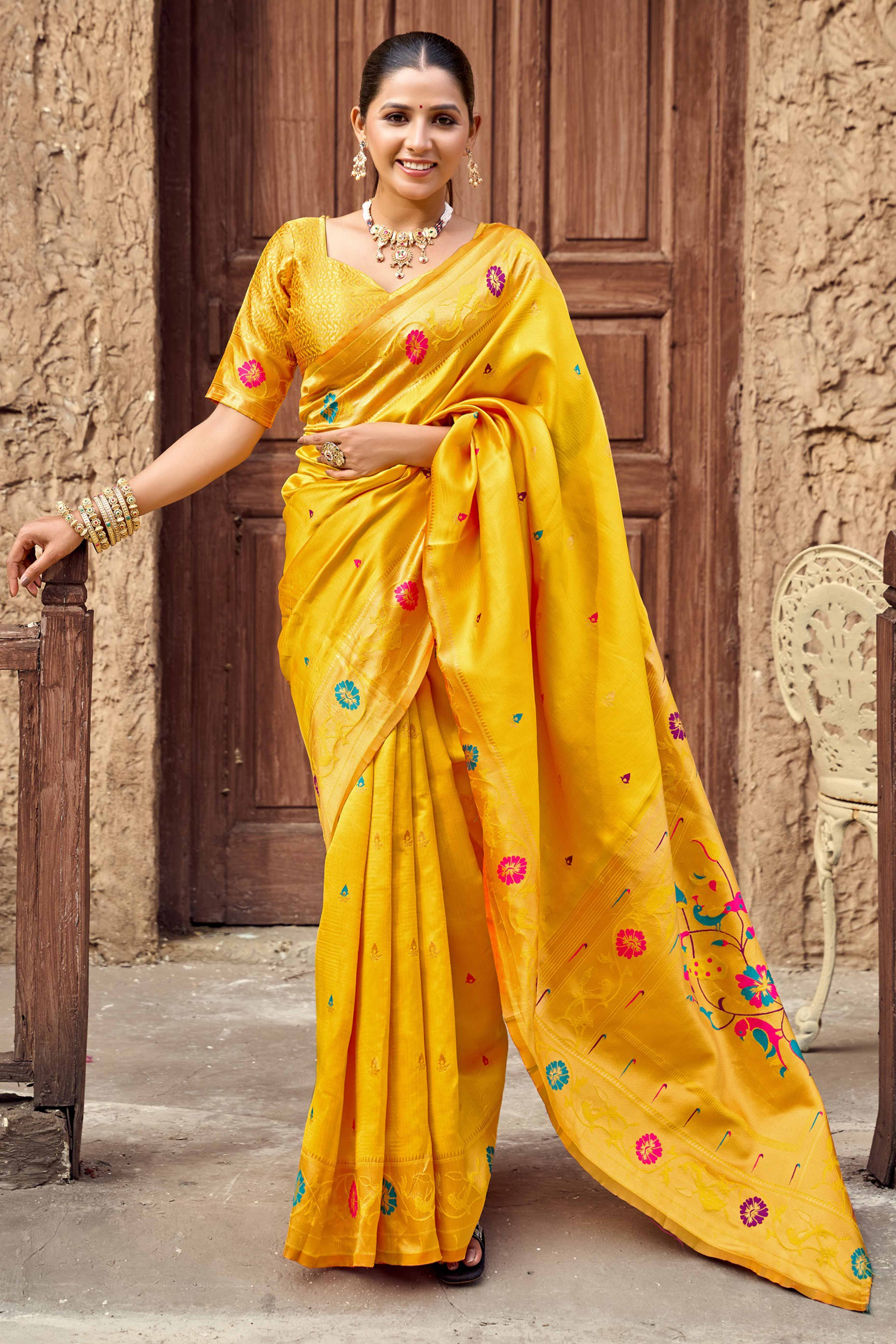 Yellow Paithani Style Soft Silk Saree with Zari Weaving