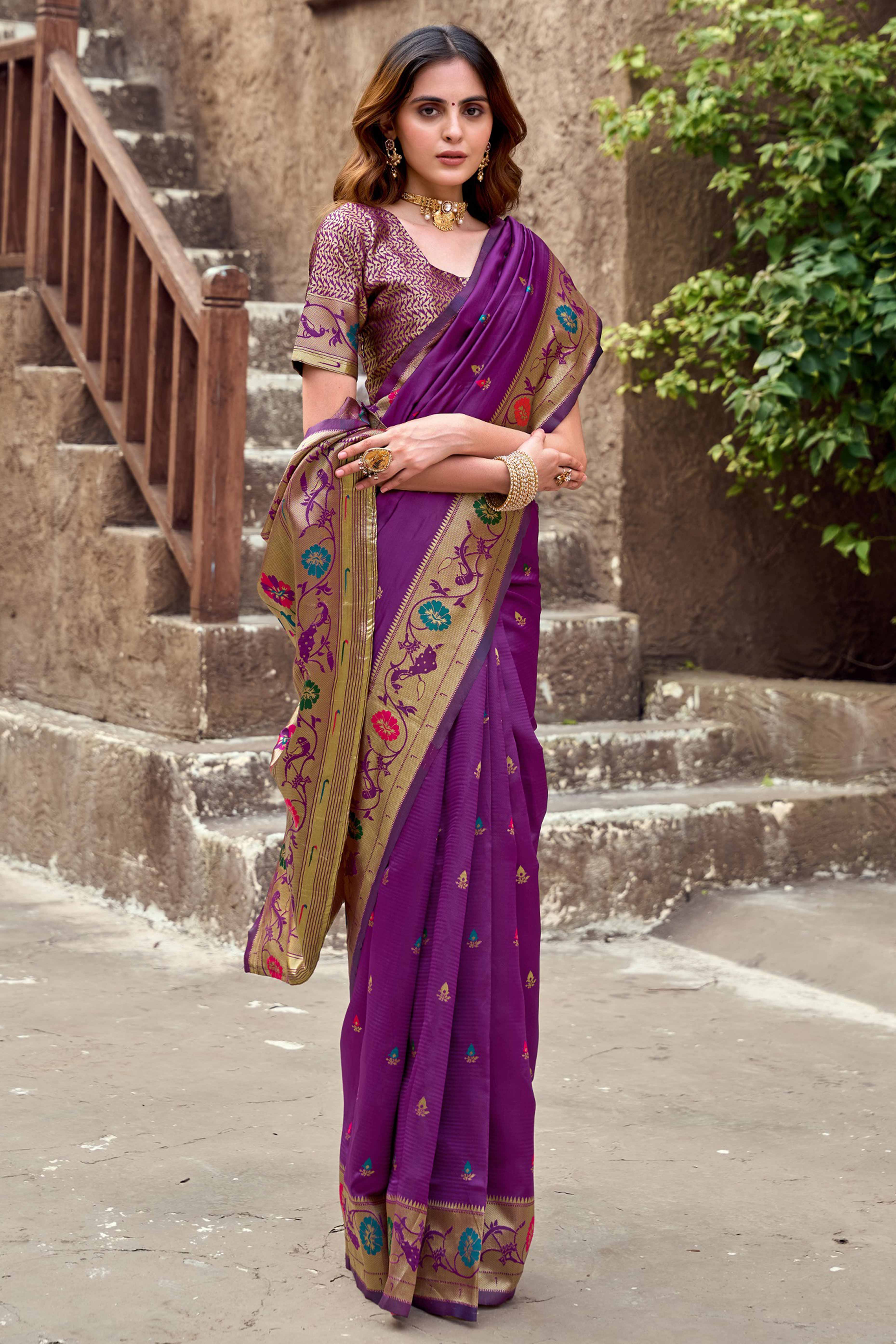 Purple Paithani Style Soft Silk Saree with Zari Weaving