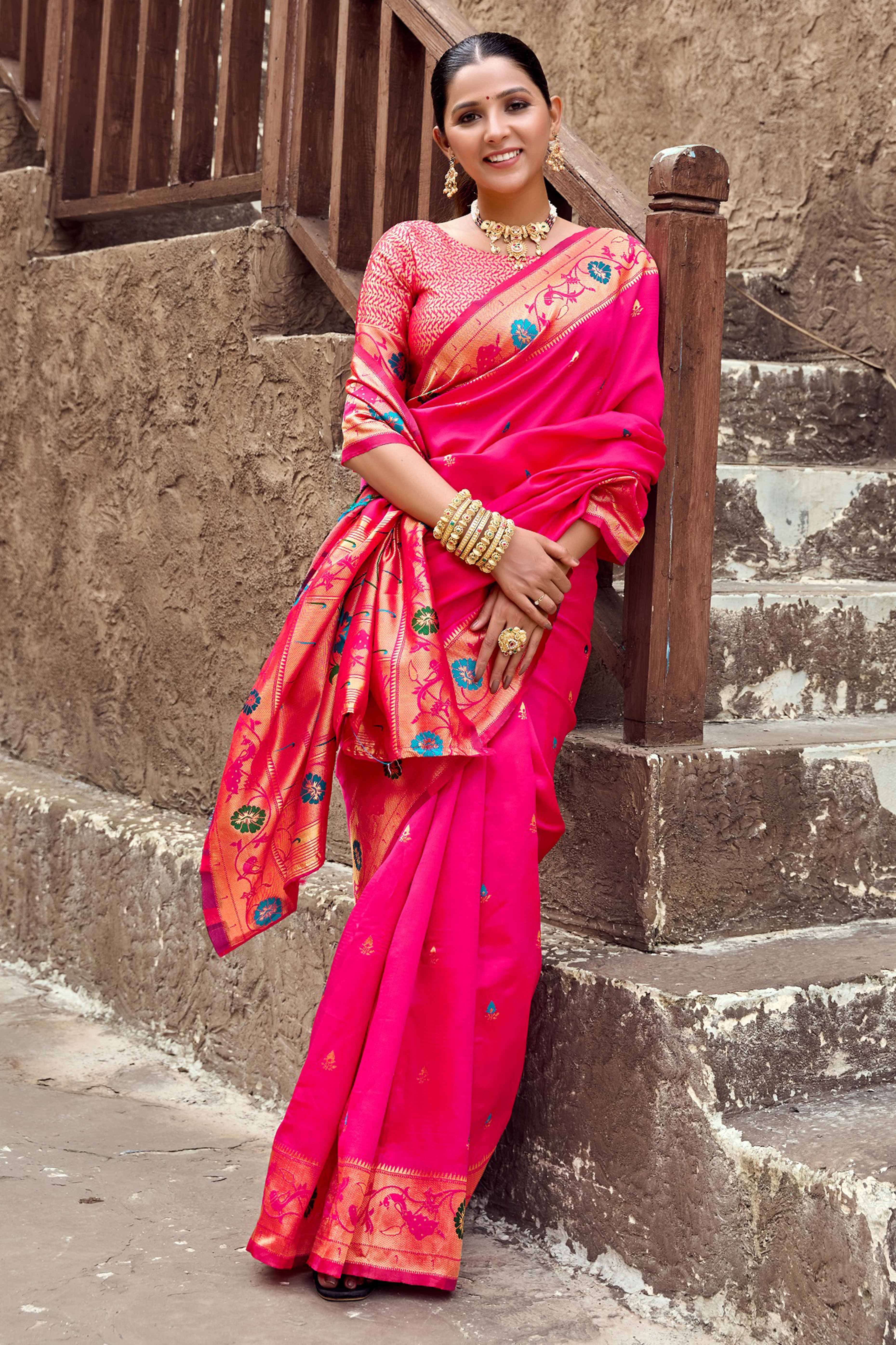 Pink Paithani Style Soft Silk Saree with Zari Weaving