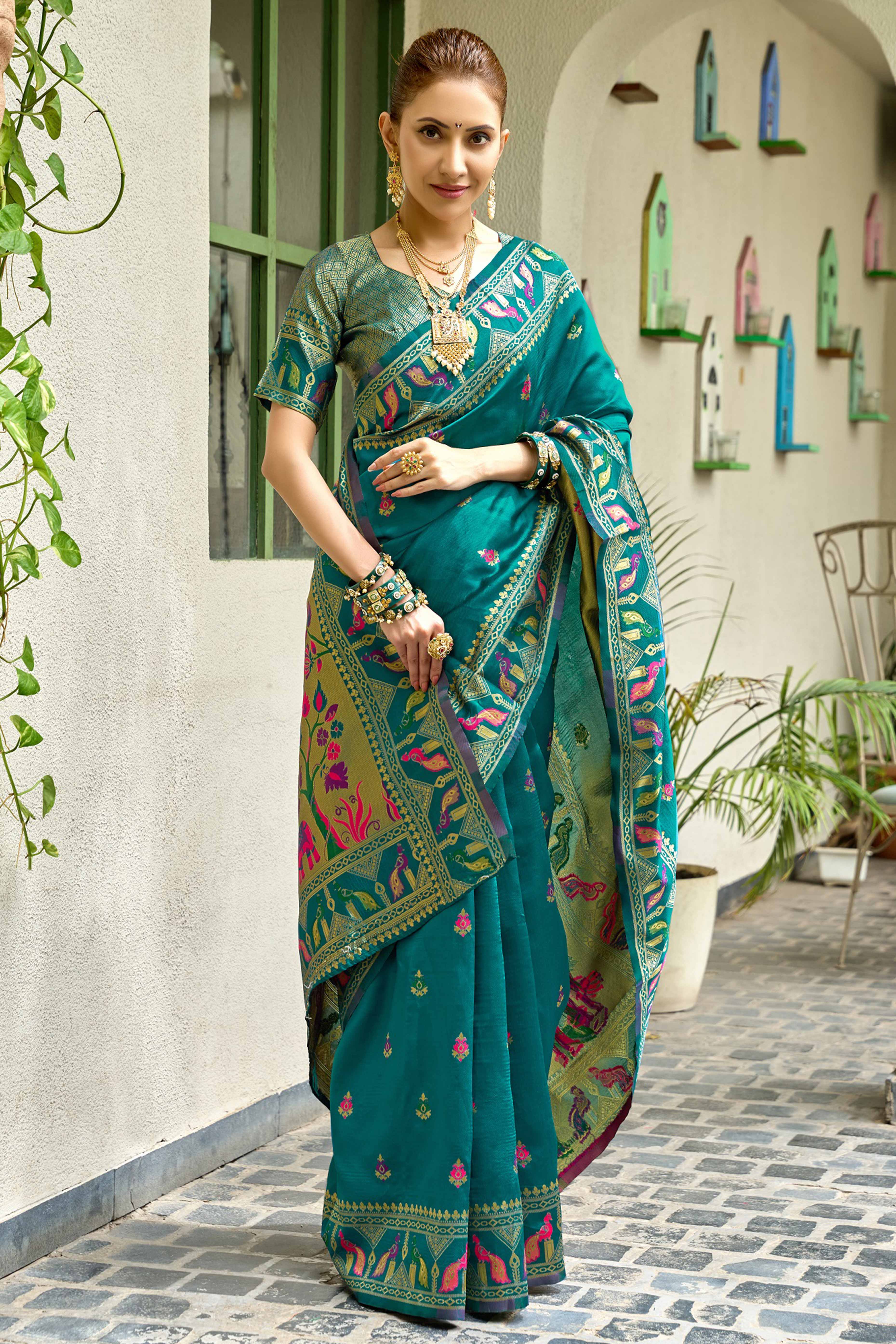 Rama Green Paithani Style Soft Silk Saree with Zari Weaving