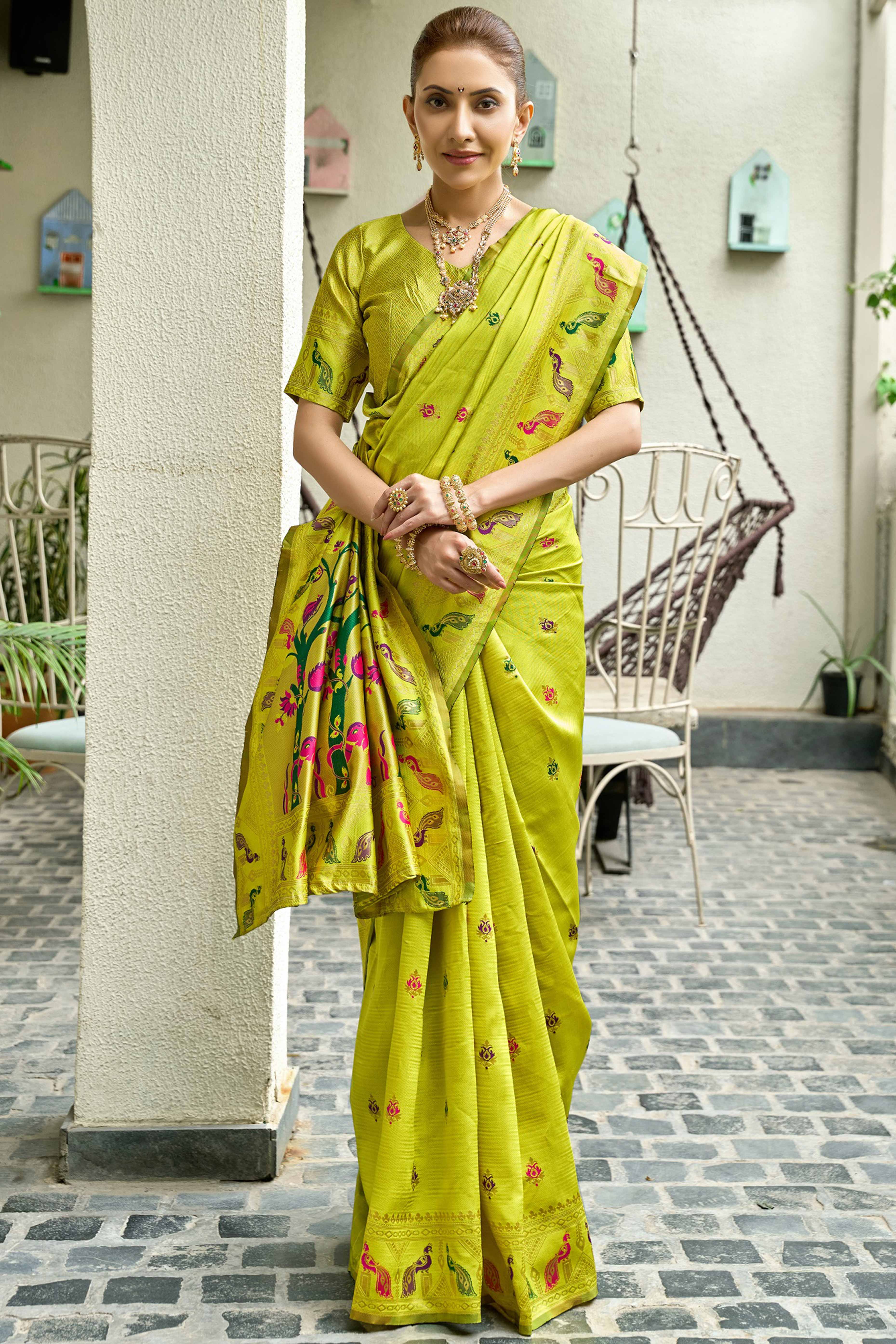 Parrot Green Paithani Style Soft Silk Saree with Zari Weaving