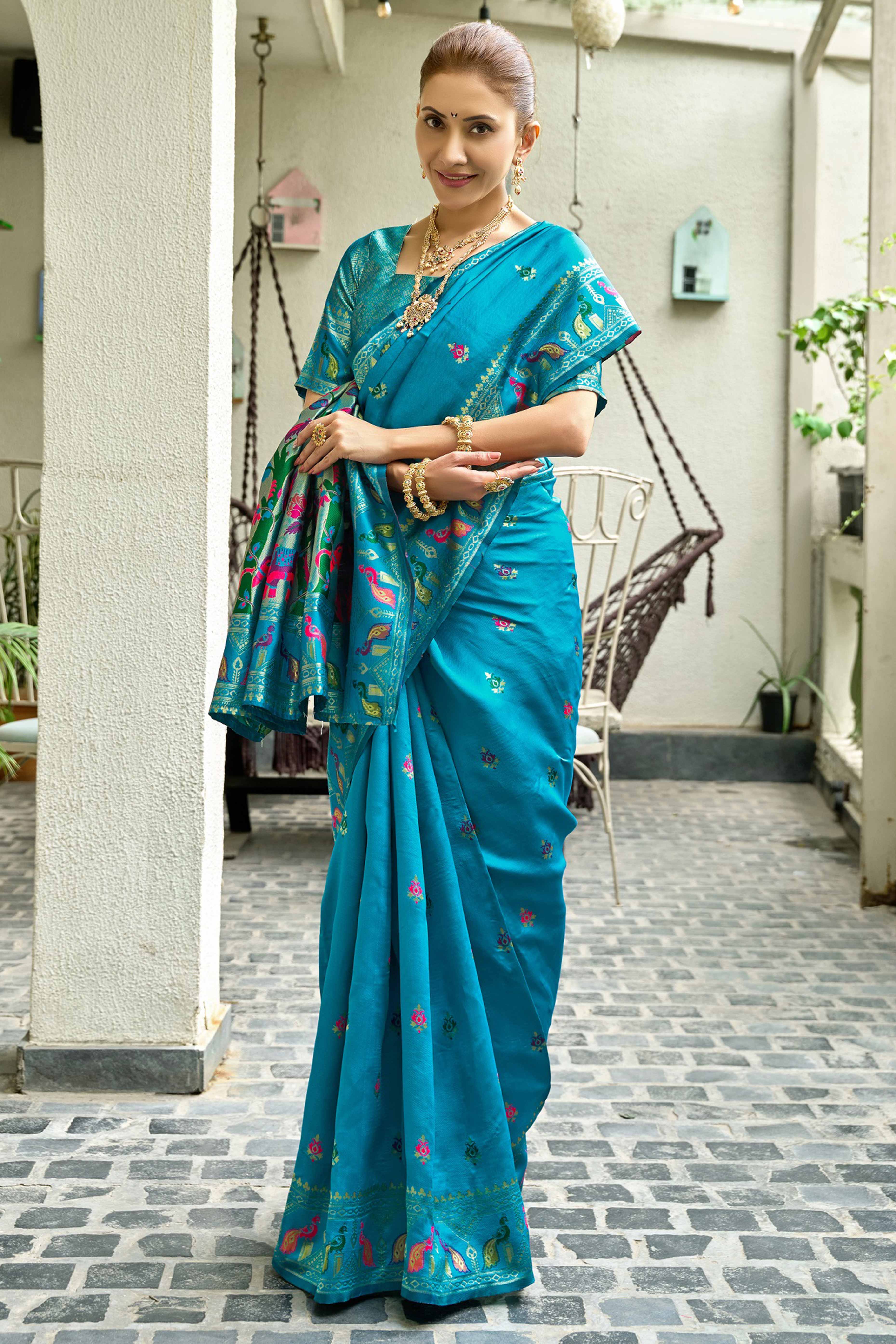 Blue Paithani Style Soft Silk Saree with Zari Weaving